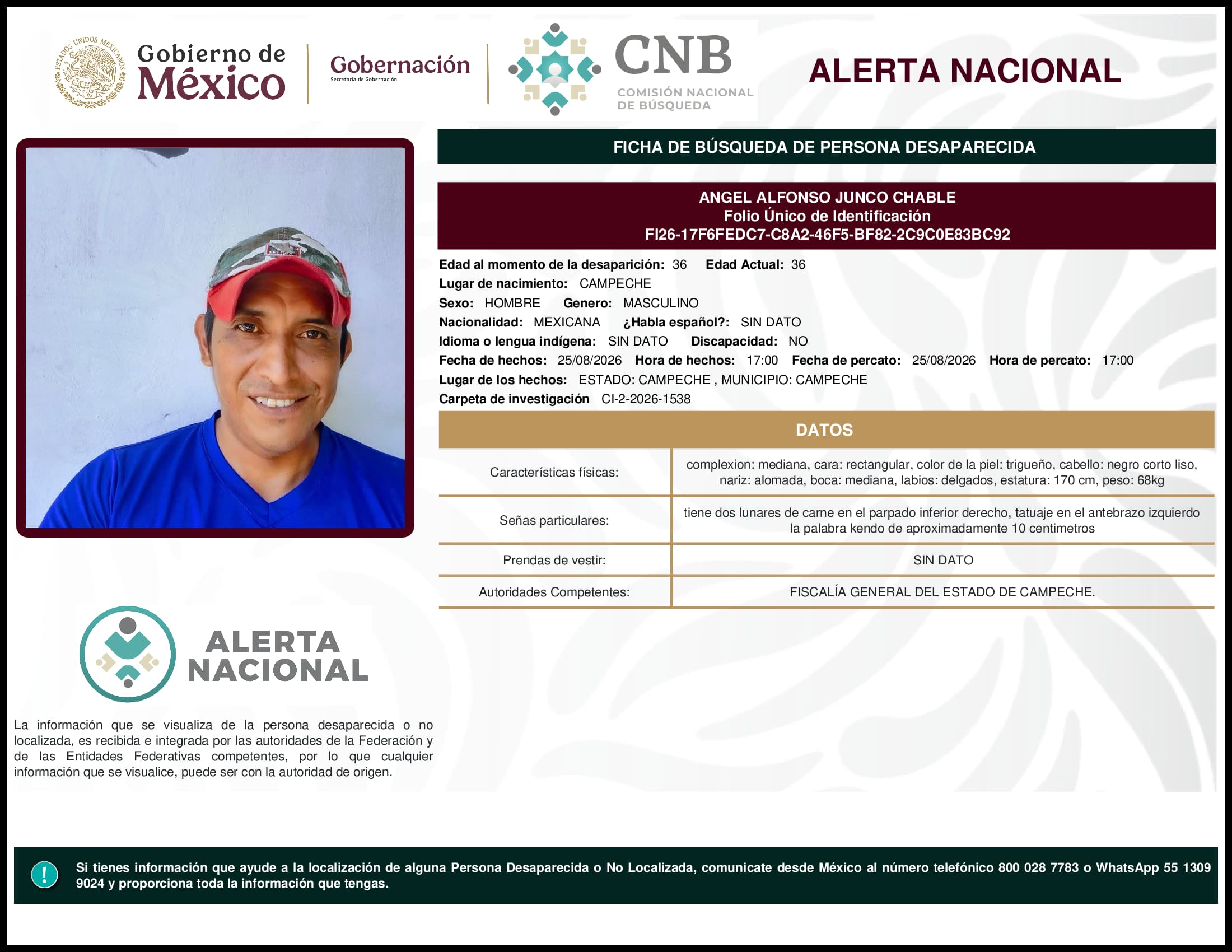Persona desaparecida Angel Alfonso Junco Chable