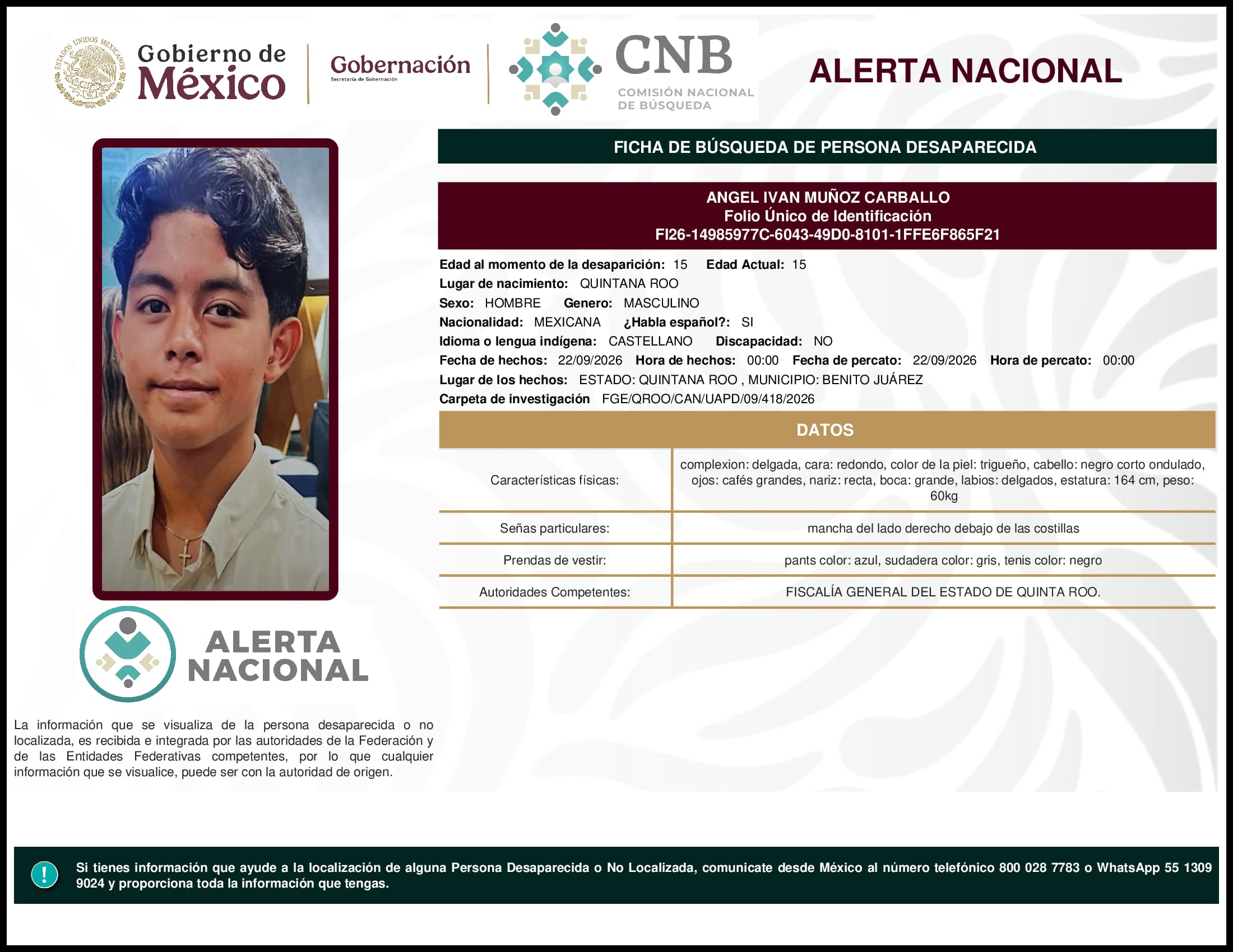 Persona desaparecida Angel Ivan Munoz Carballo