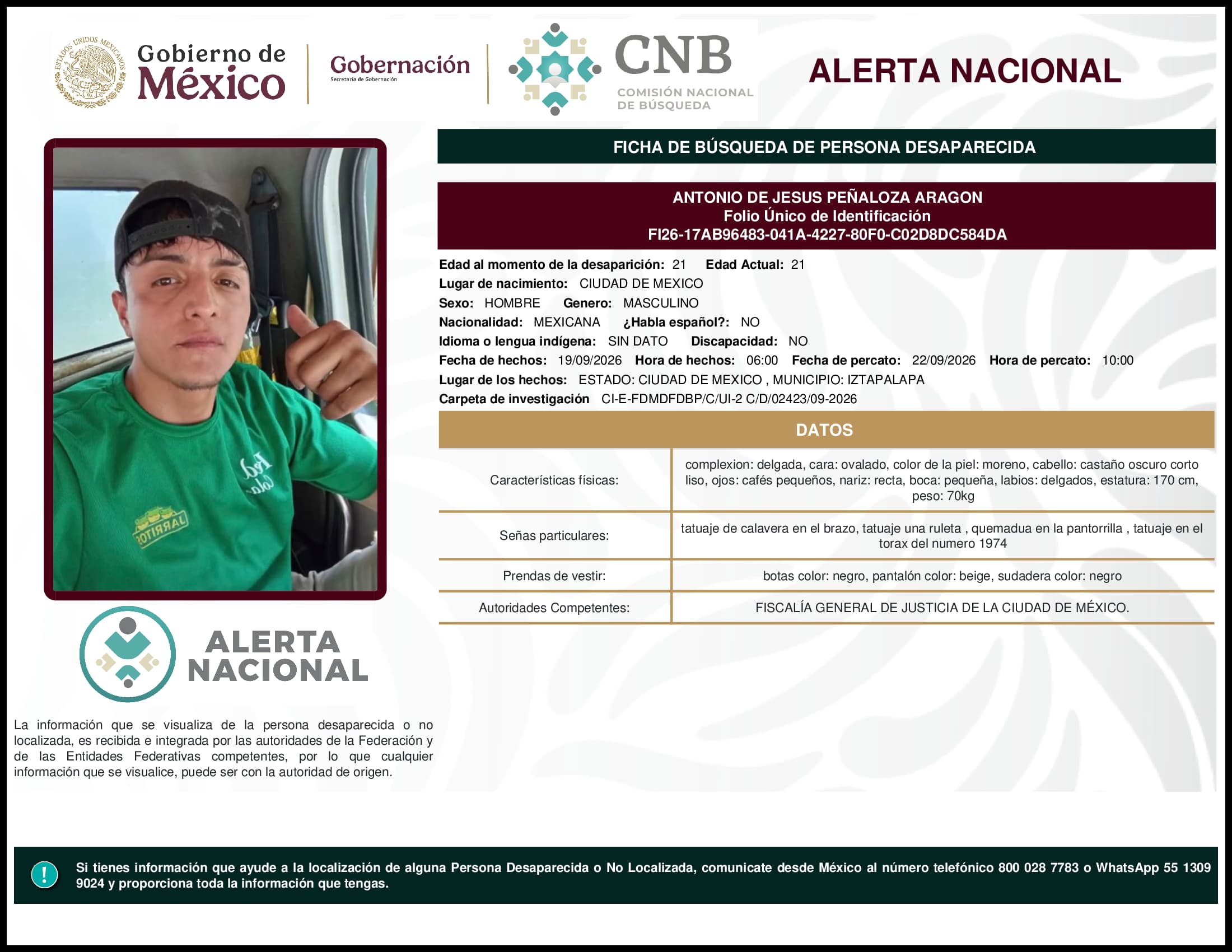Persona desaparecida Antonio De Jesus Penaloza Aragon