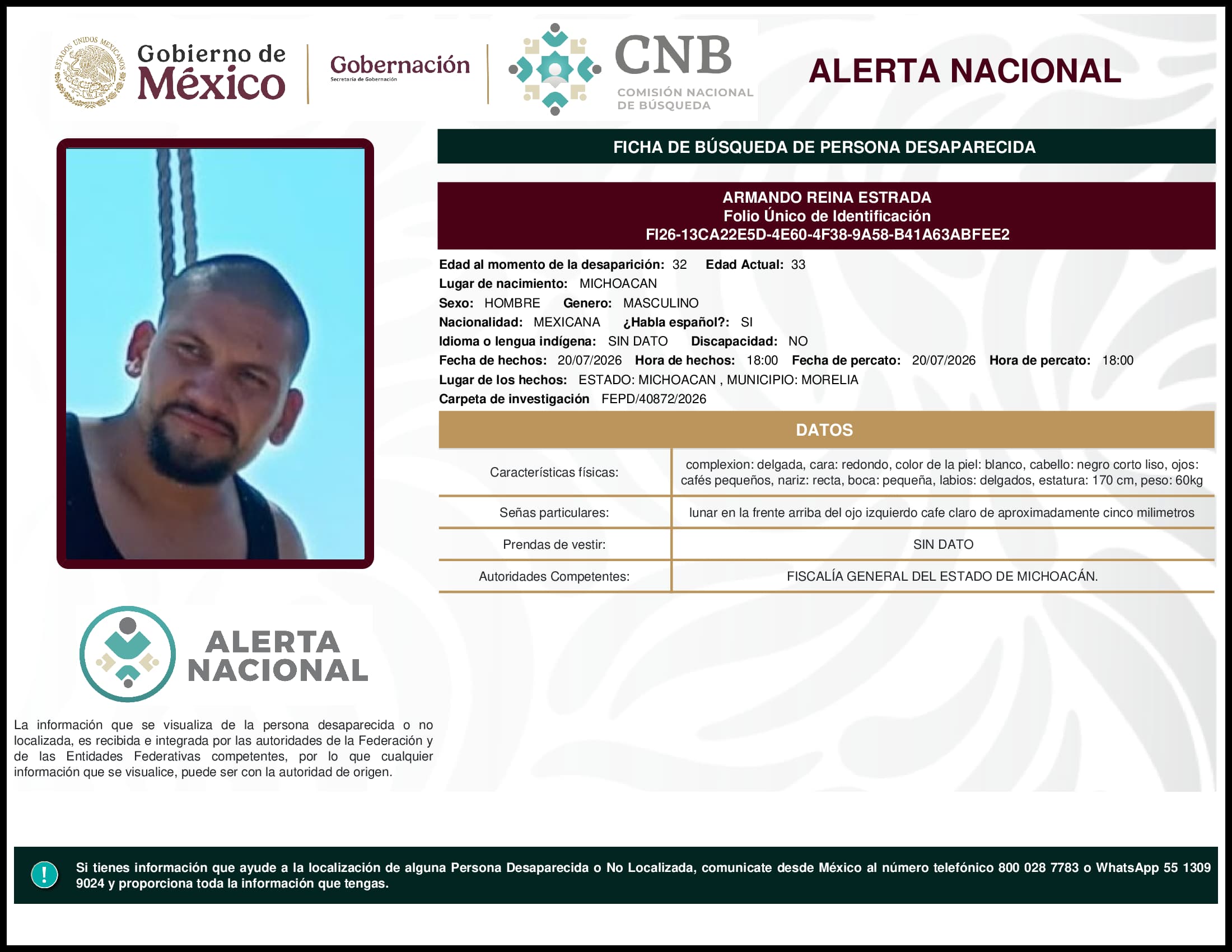 Persona desaparecida Armando Reina Estrada
