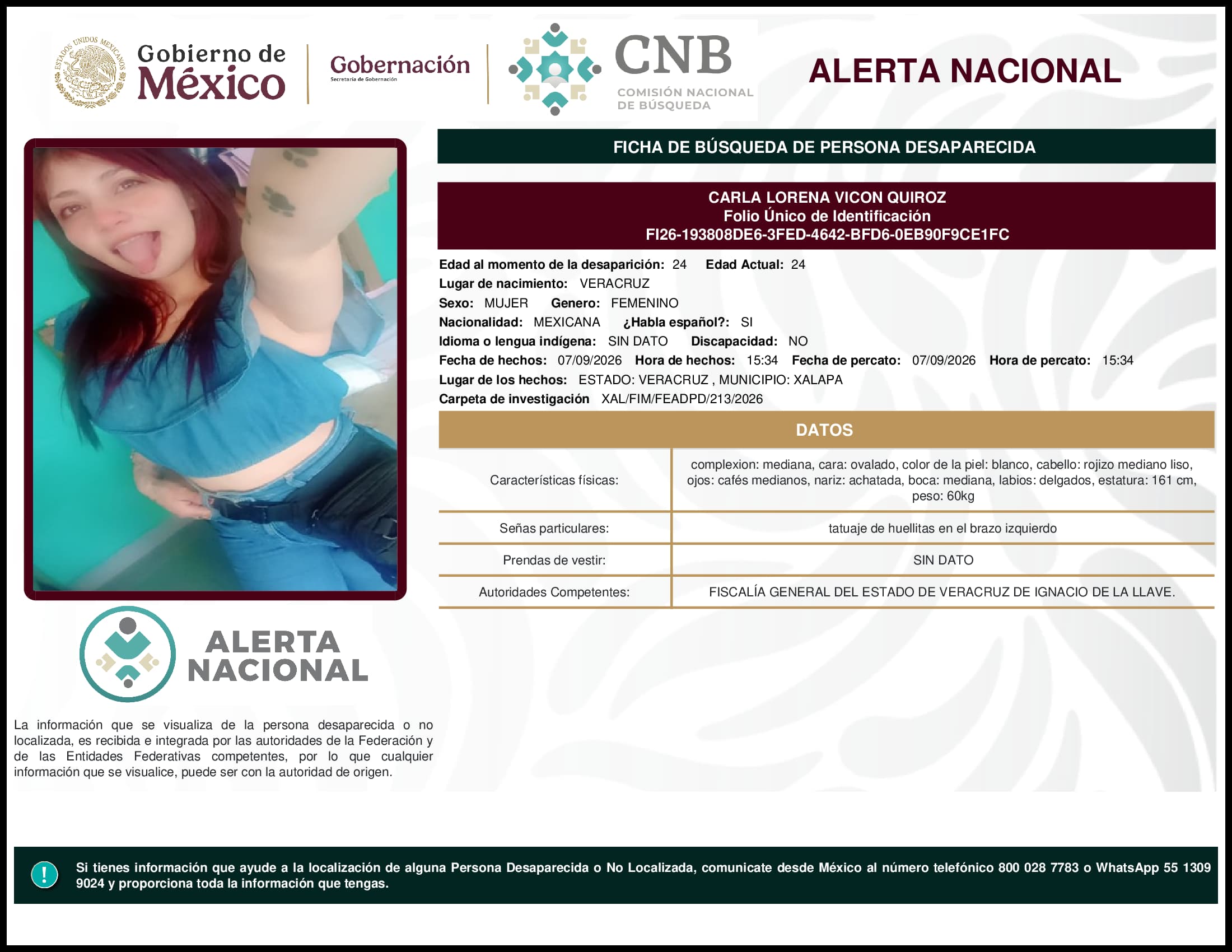 Persona desaparecida Carla Lorena Vicon Quiroz