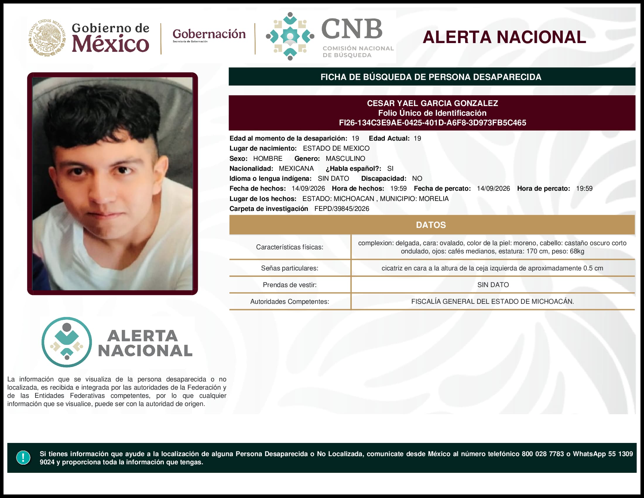 Persona desaparecida Cesar Yael Garcia Gonzalez