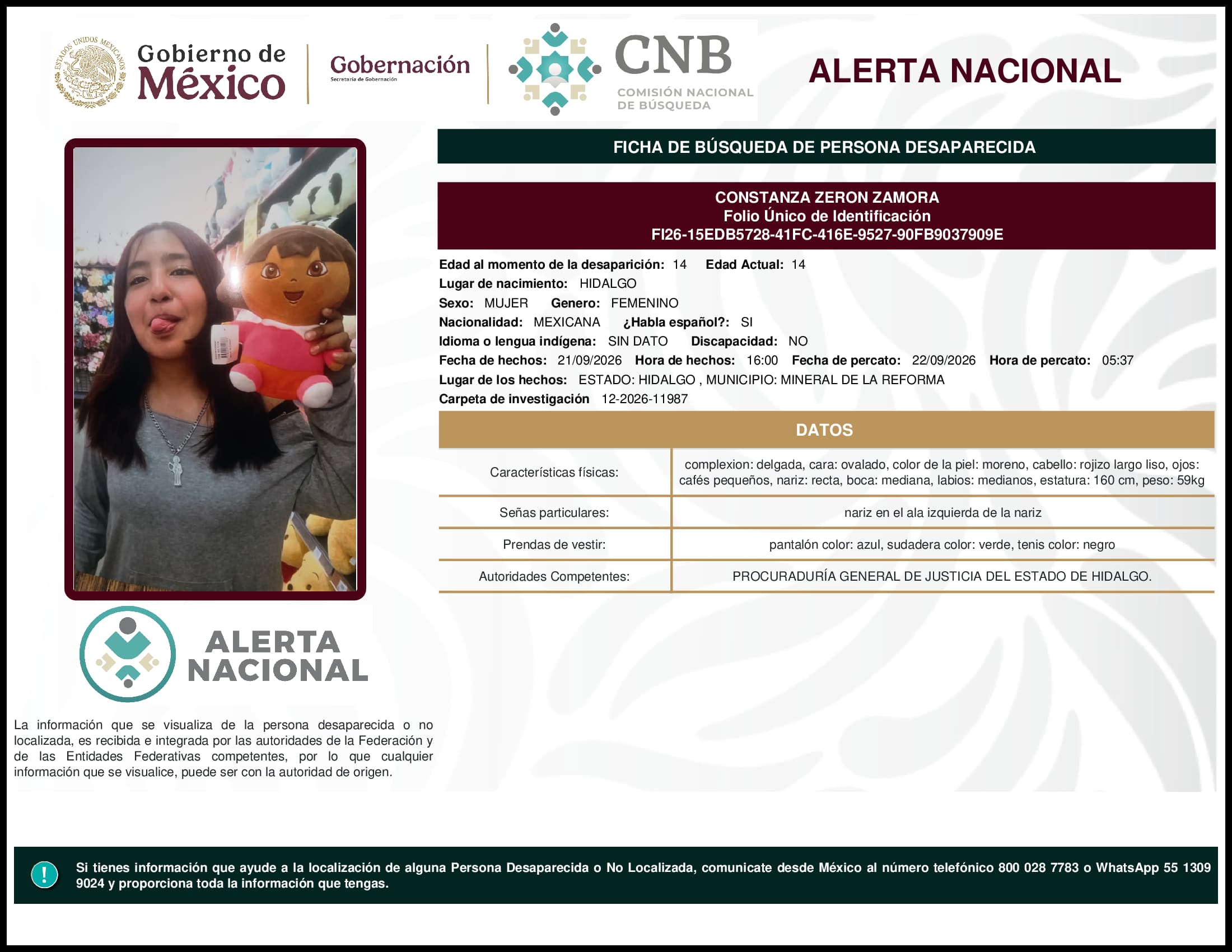 Persona desaparecida Constanza Zeron Zamora