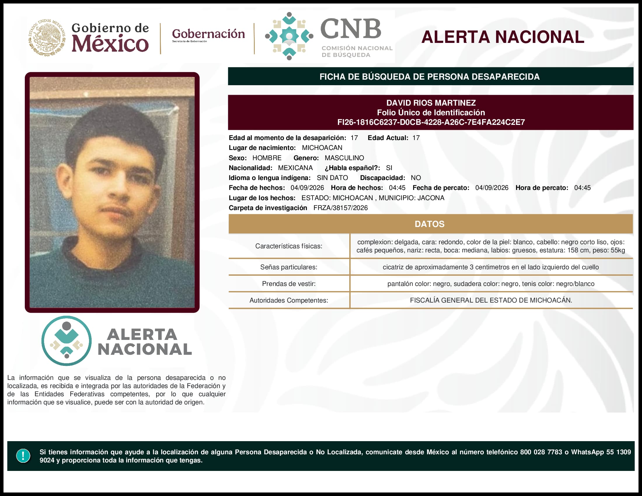 Persona desaparecida David Rios Martinez