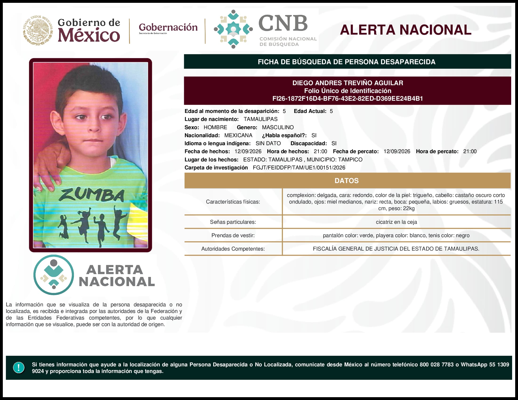 Persona desaparecida Diego Andres Trevino Aguilar