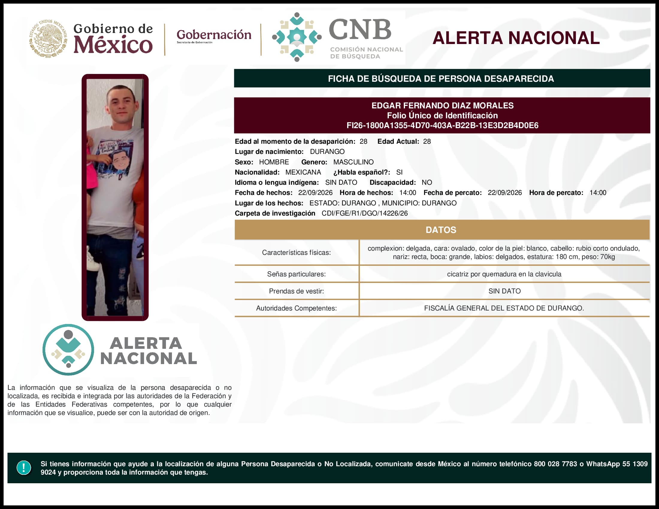 Persona desaparecida Edgar Fernando Diaz Morales