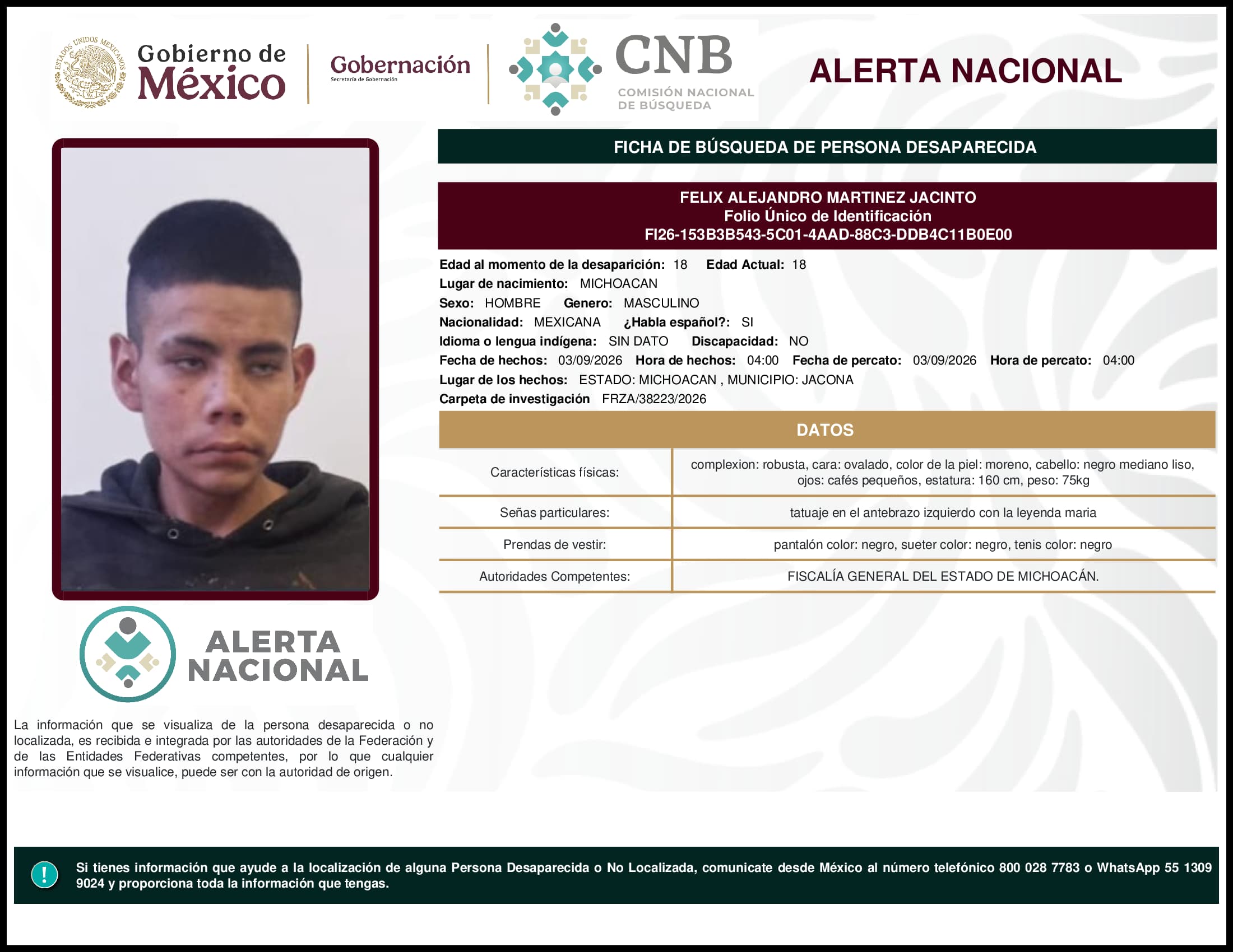 Persona desaparecida Felix Alejandro Martinez Jacinto