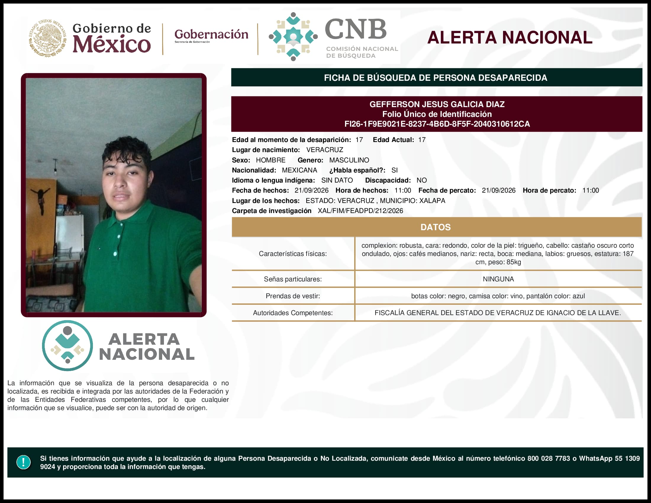 Persona desaparecida Gefferson Jesus Galicia Diaz
