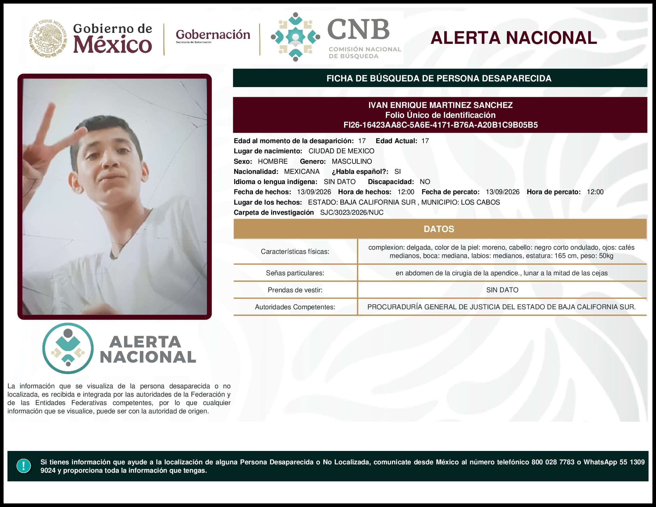 Persona desaparecida Ivan Enrique Martinez Sanchez