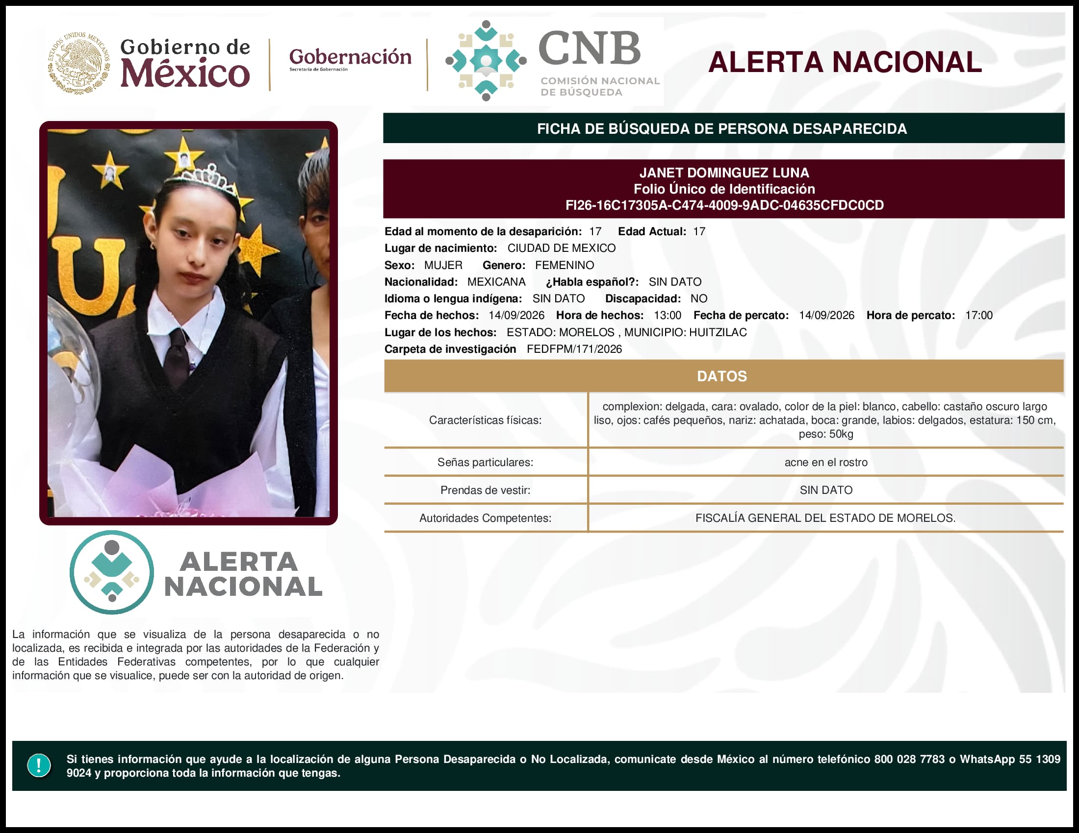 Persona desaparecida Janet Dominguez Luna