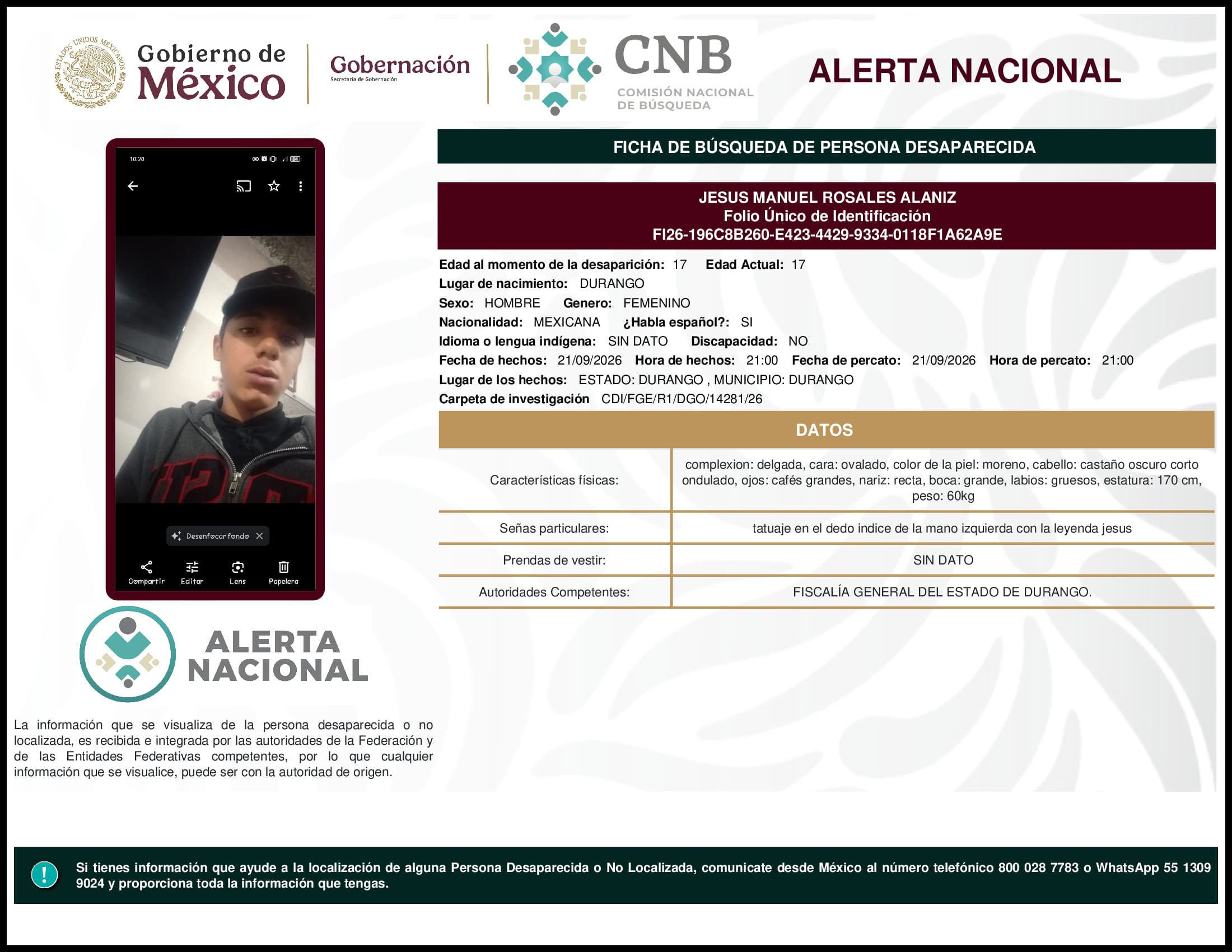 Persona desaparecida Jesus Manuel Rosales Alaniz