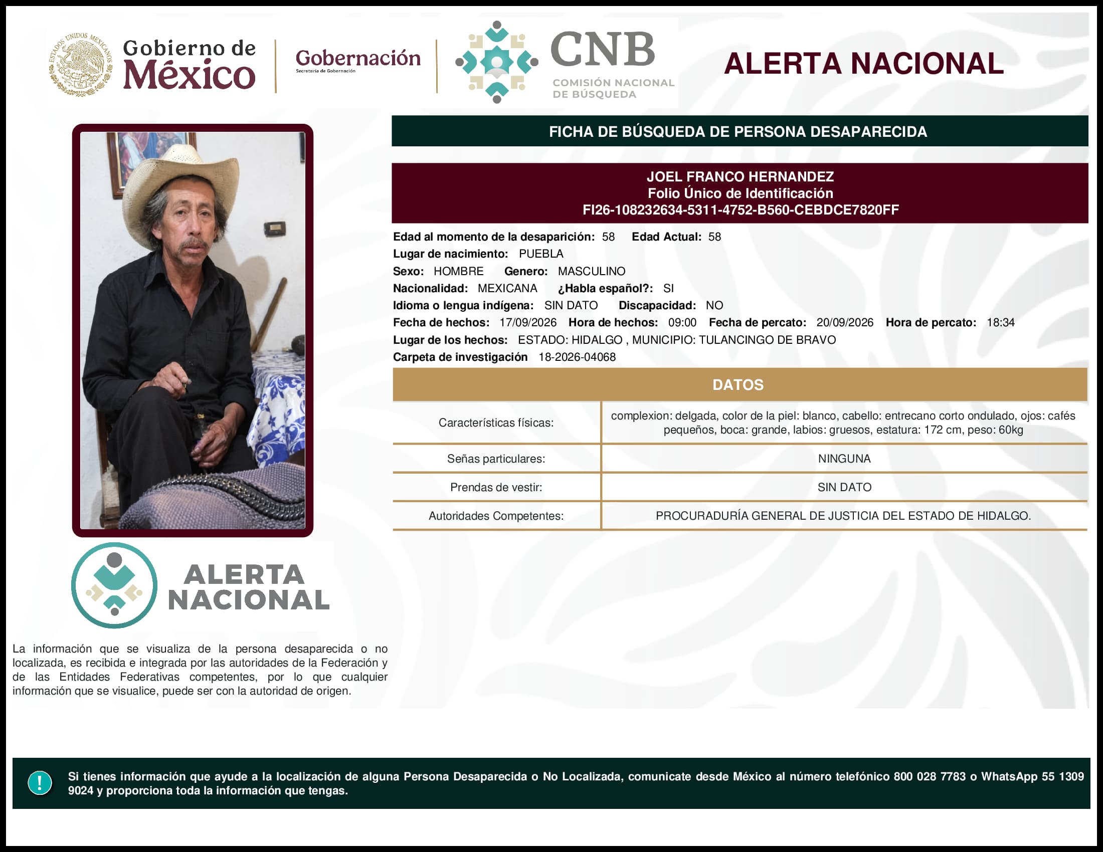 Persona desaparecida Joel Franco Hernandez
