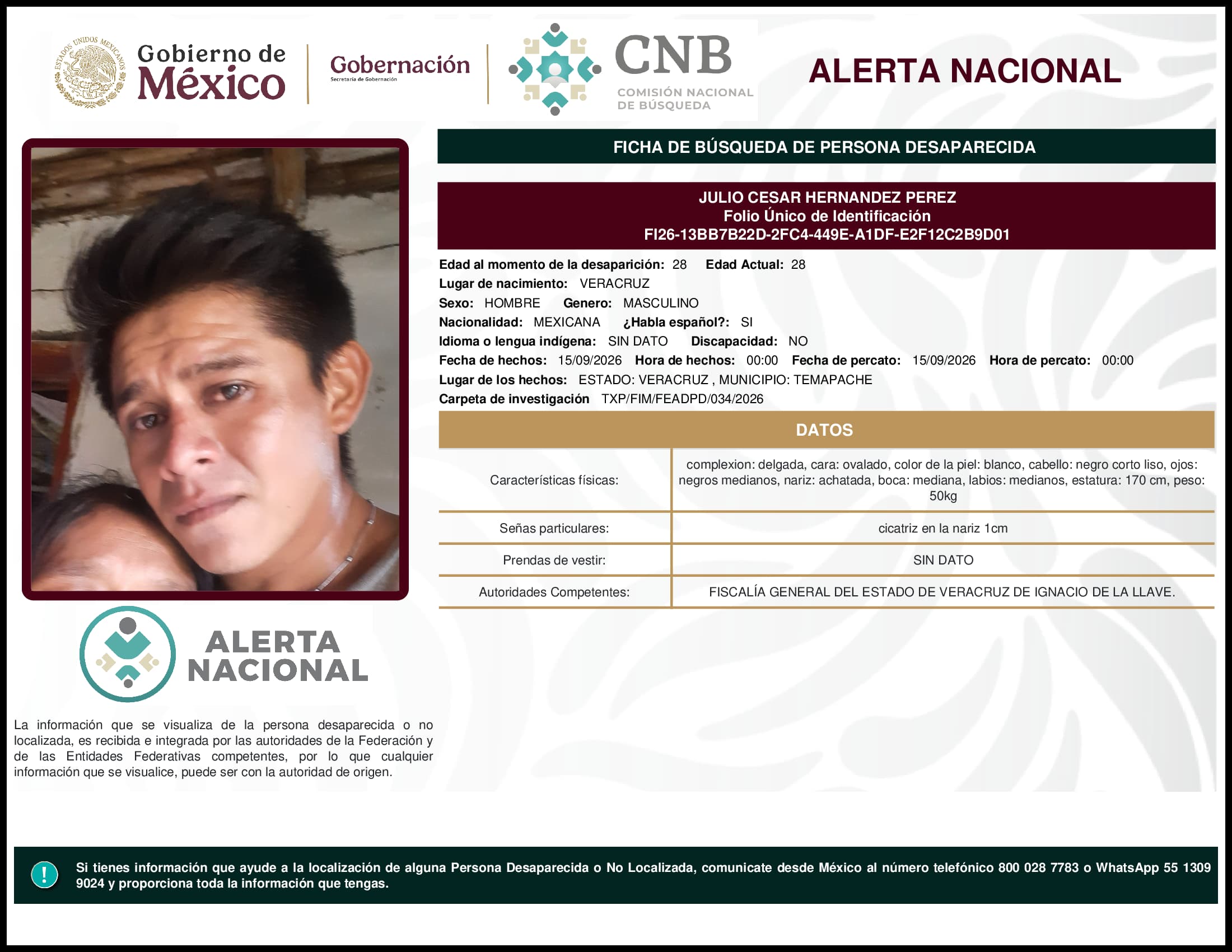 Persona desaparecida Julio Cesar Hernandez Perez