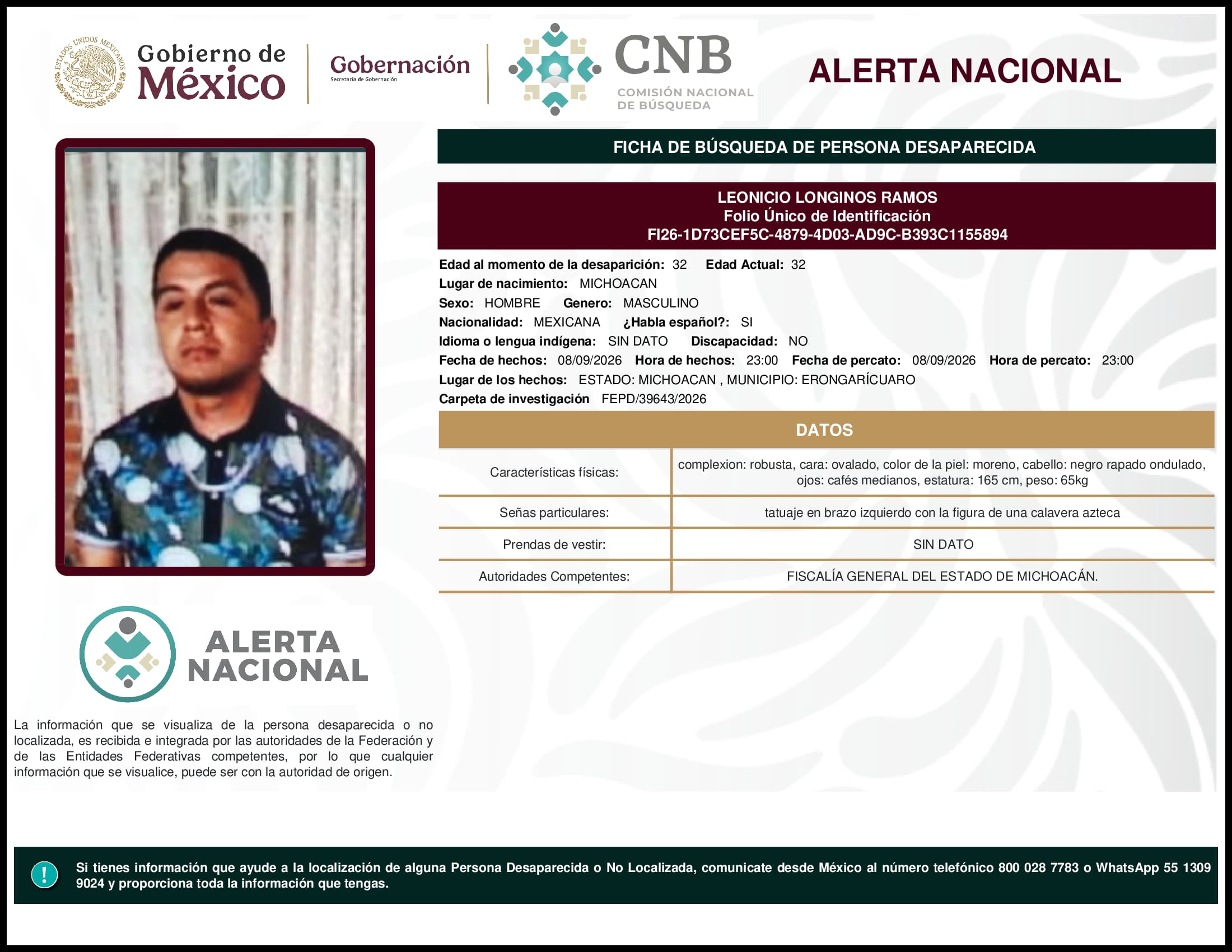 Persona desaparecida Leonicio Longinos Ramos
