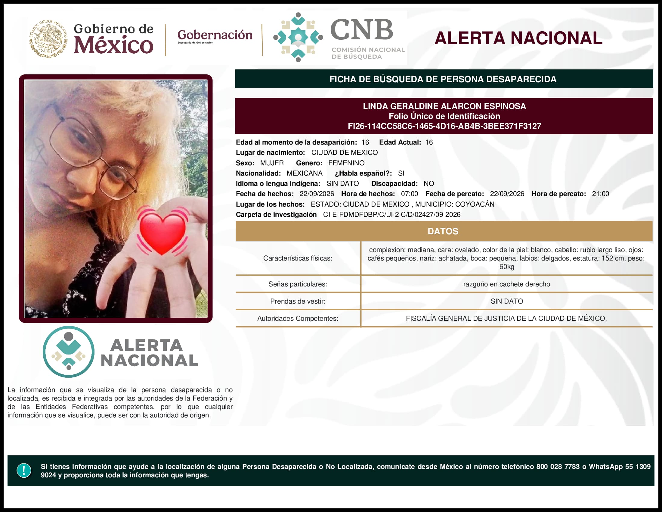 Persona desaparecida Linda Geraldine Alarcon Espinosa