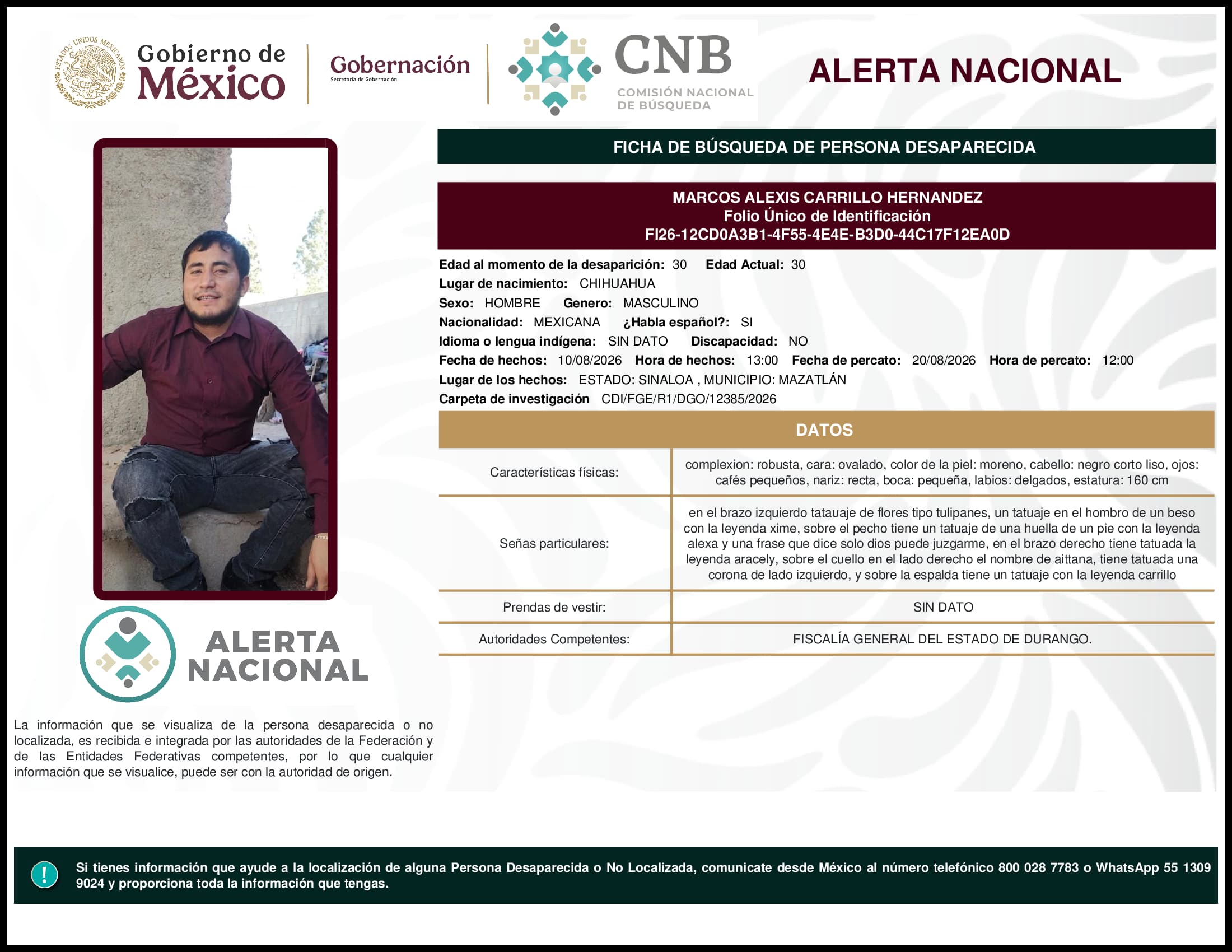 Persona desaparecida Marcos Alexis Carrillo Hernandez