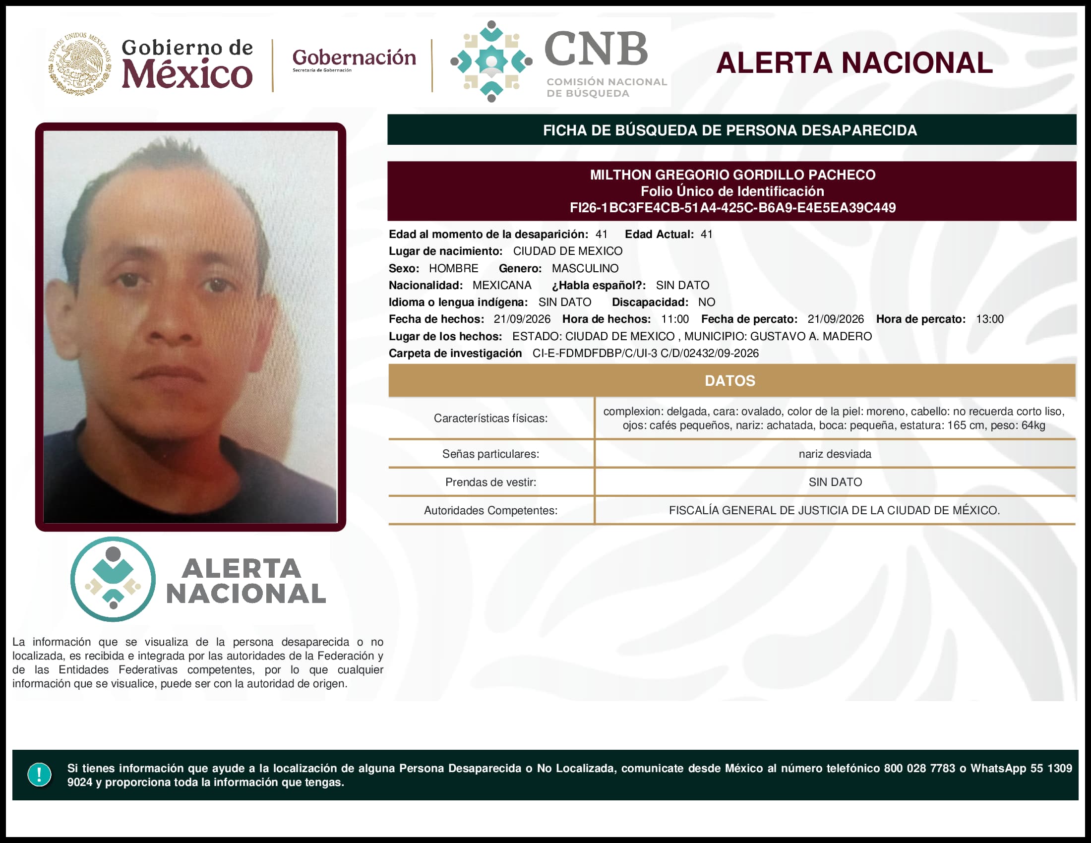 Persona desaparecida Milthon Gregorio Gordillo Pacheco