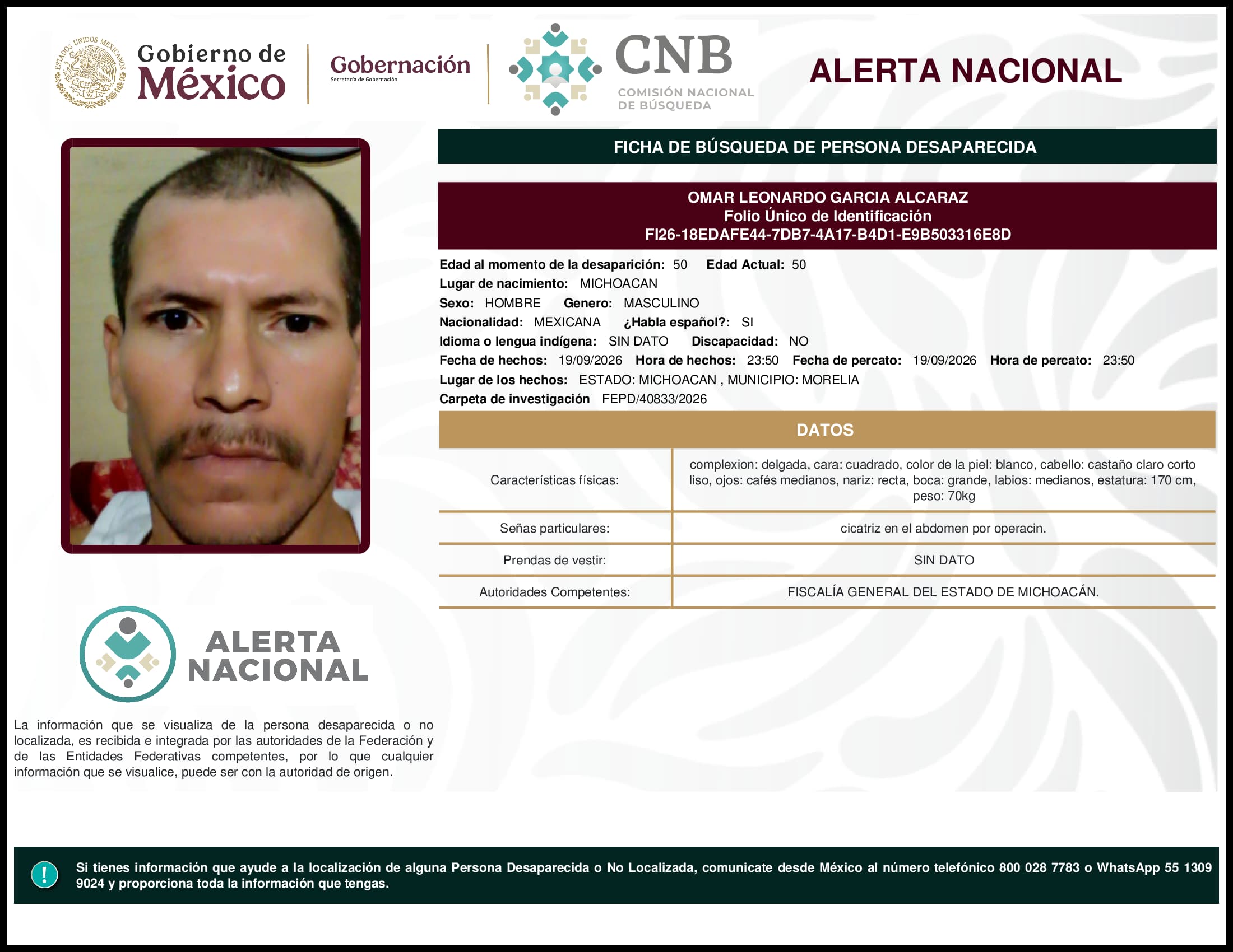 Persona desaparecida Omar Leonardo Garcia Alcaraz