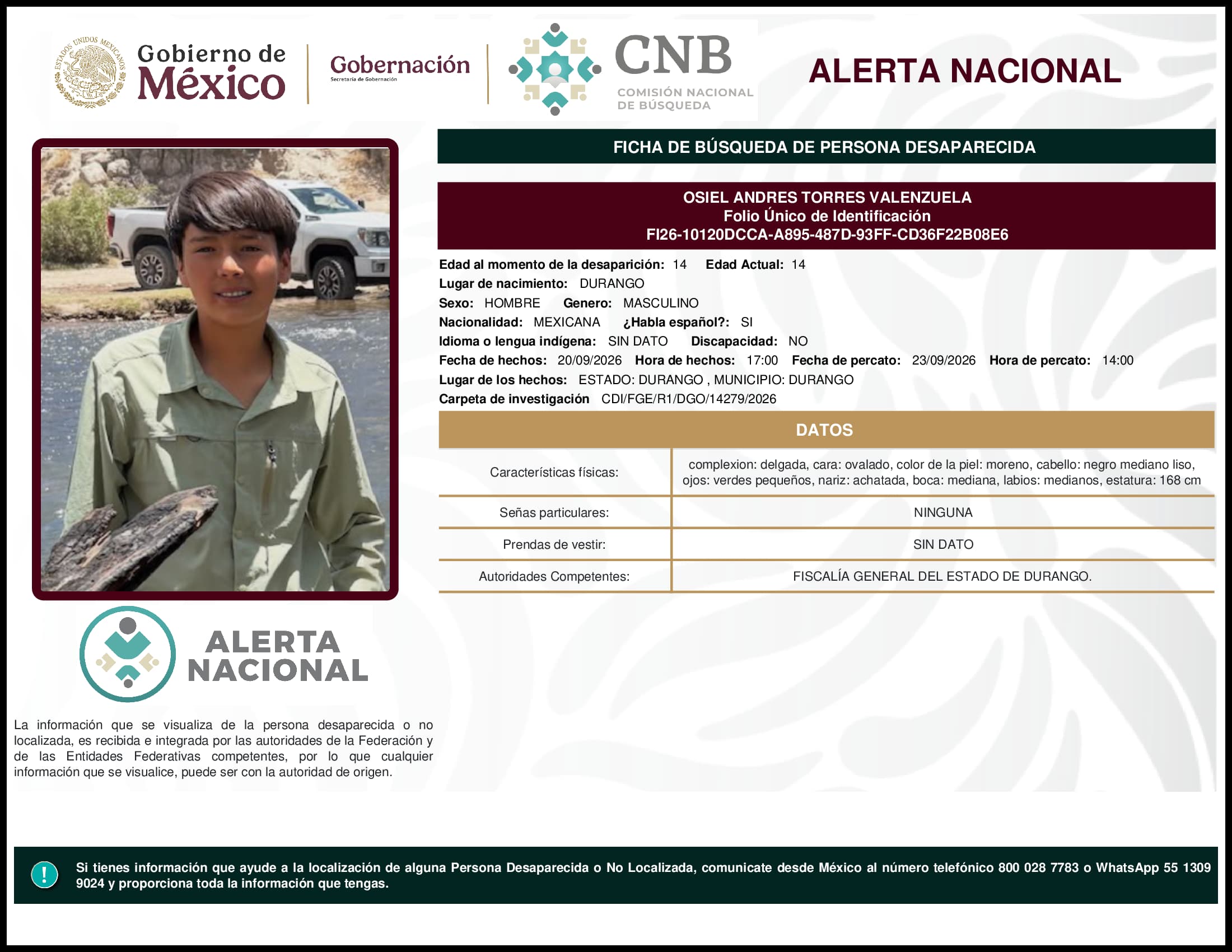 Persona desaparecida Osiel Andres Torres Valenzuela