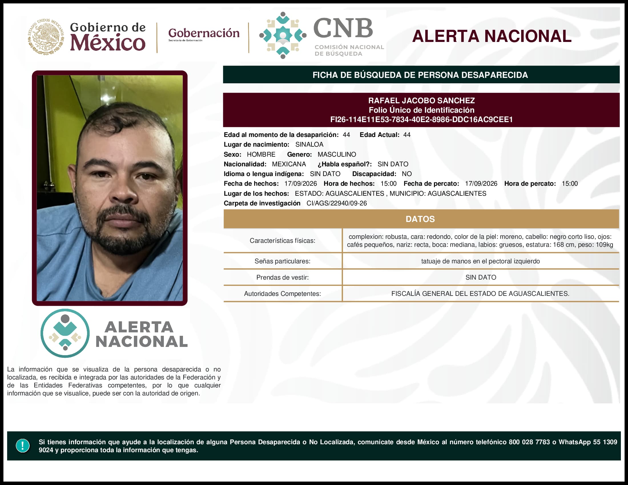 Persona desaparecida Rafael Jacobo Sanchez