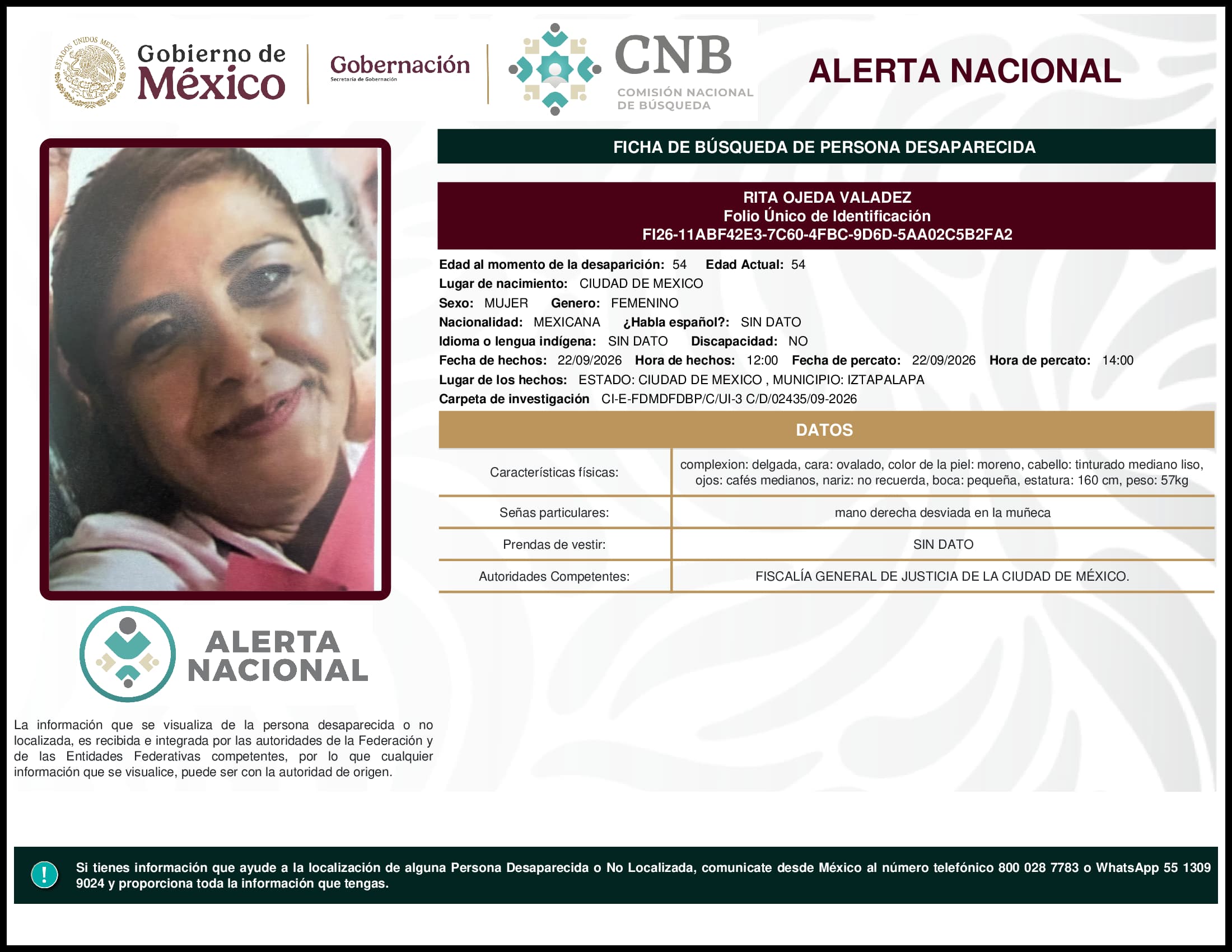 Persona desaparecida Rita Ojeda Valadez