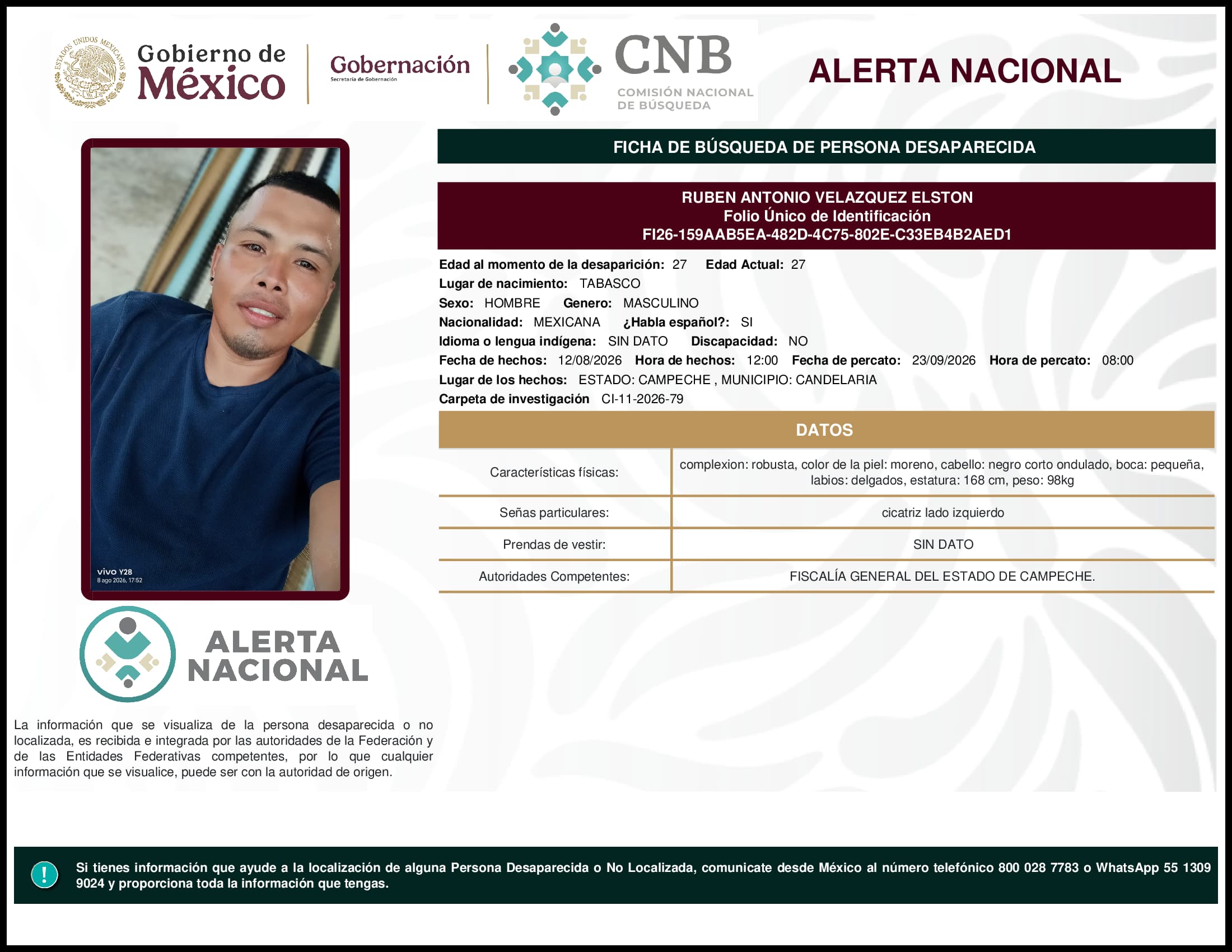 Persona desaparecida Ruben Antonio Velazquez Elston