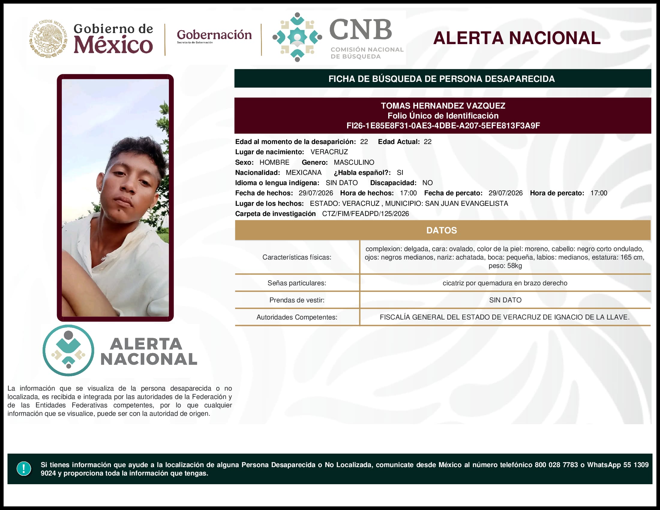 Persona desaparecida Tomas Hernandez Vazquez
