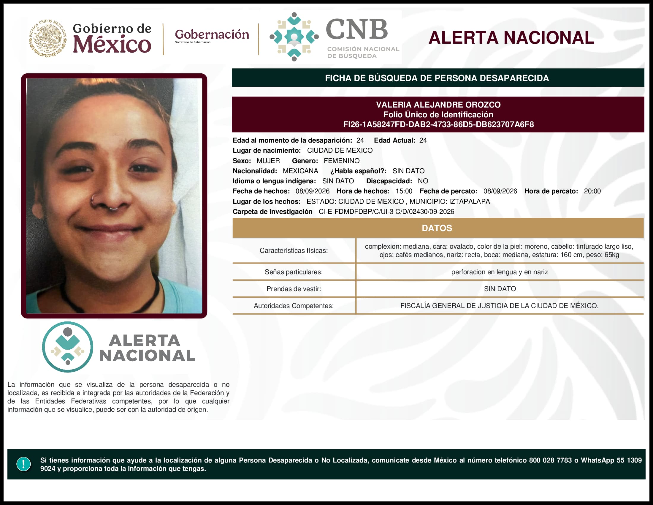 Persona desaparecida Valeria Alejandre Orozco