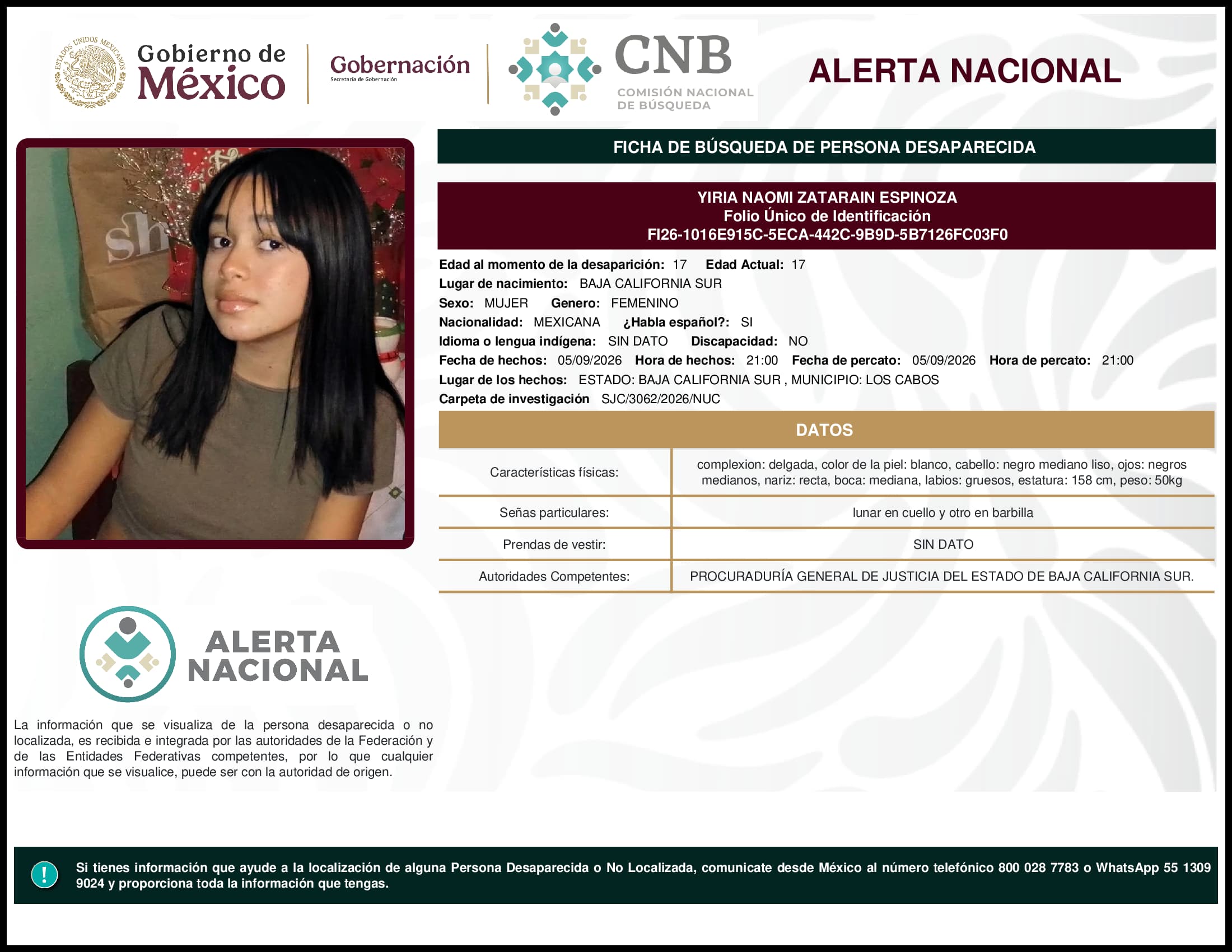 Persona desaparecida Yiria Naomi Zatarain Espinoza