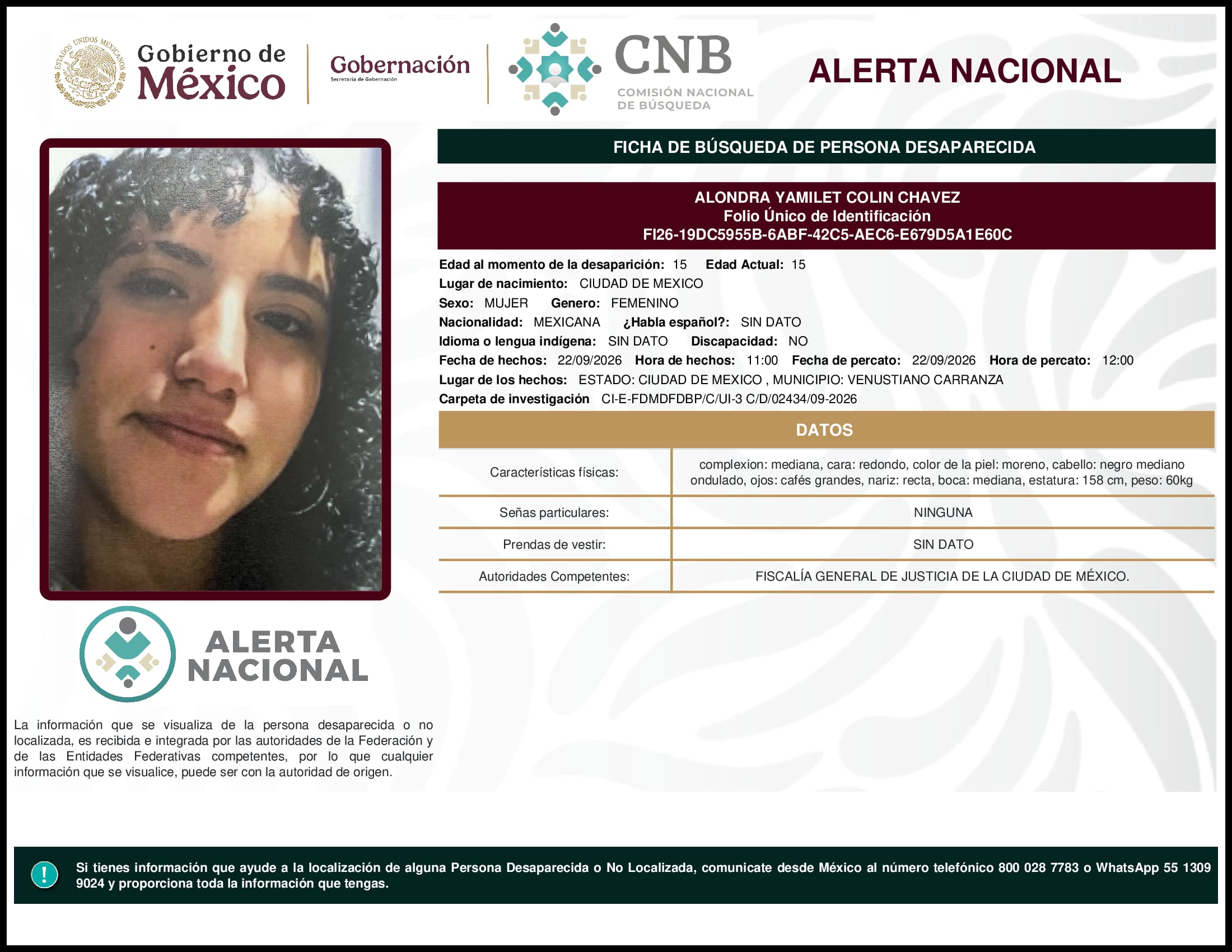 Persona desaparecida Alondra Yamilet Colin Chavez