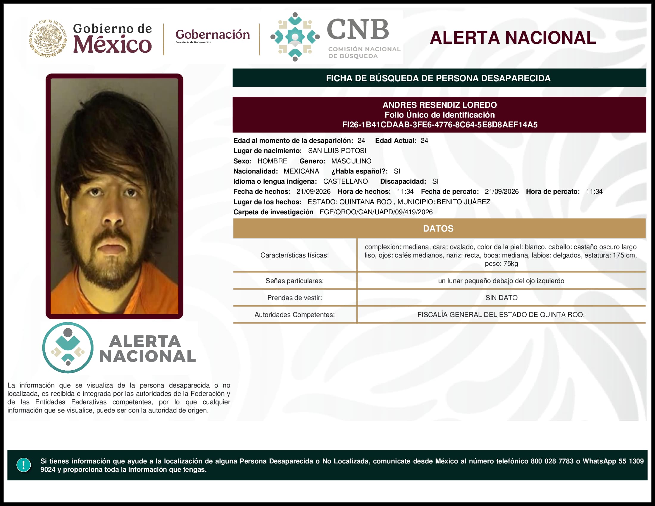 Persona desaparecida Andres Resendiz Loredo