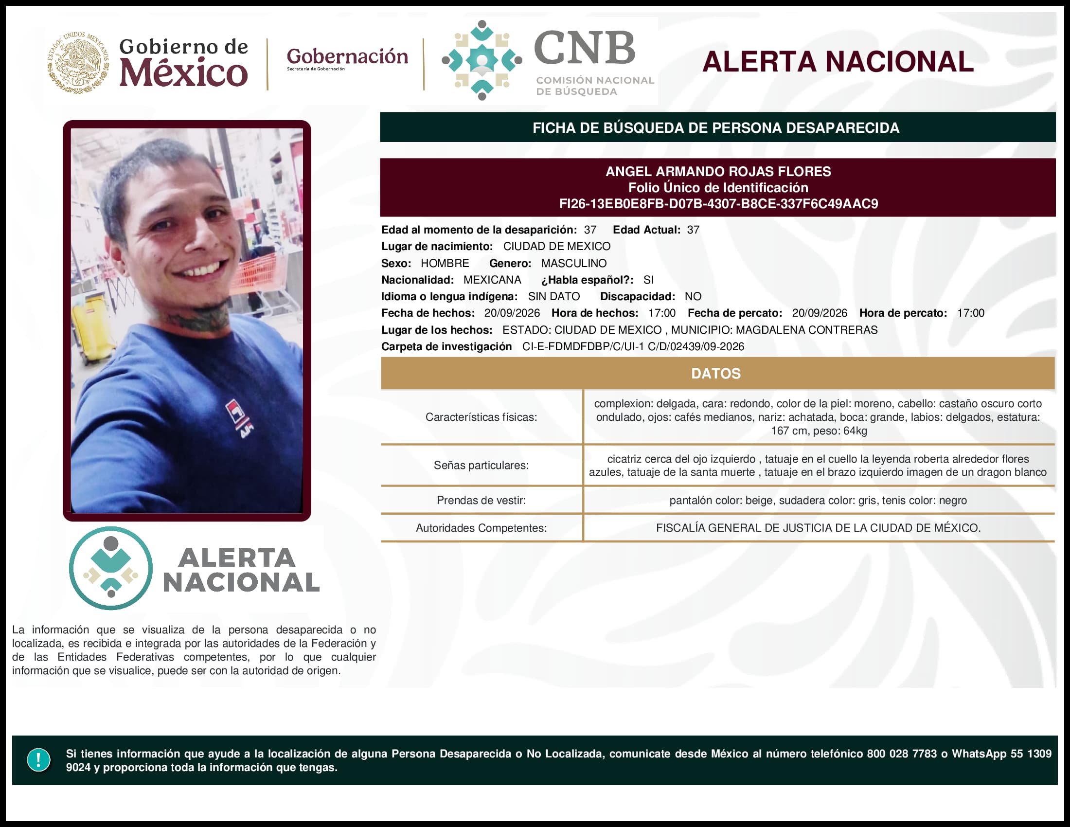 Persona desaparecida Angel Armando Rojas Flores