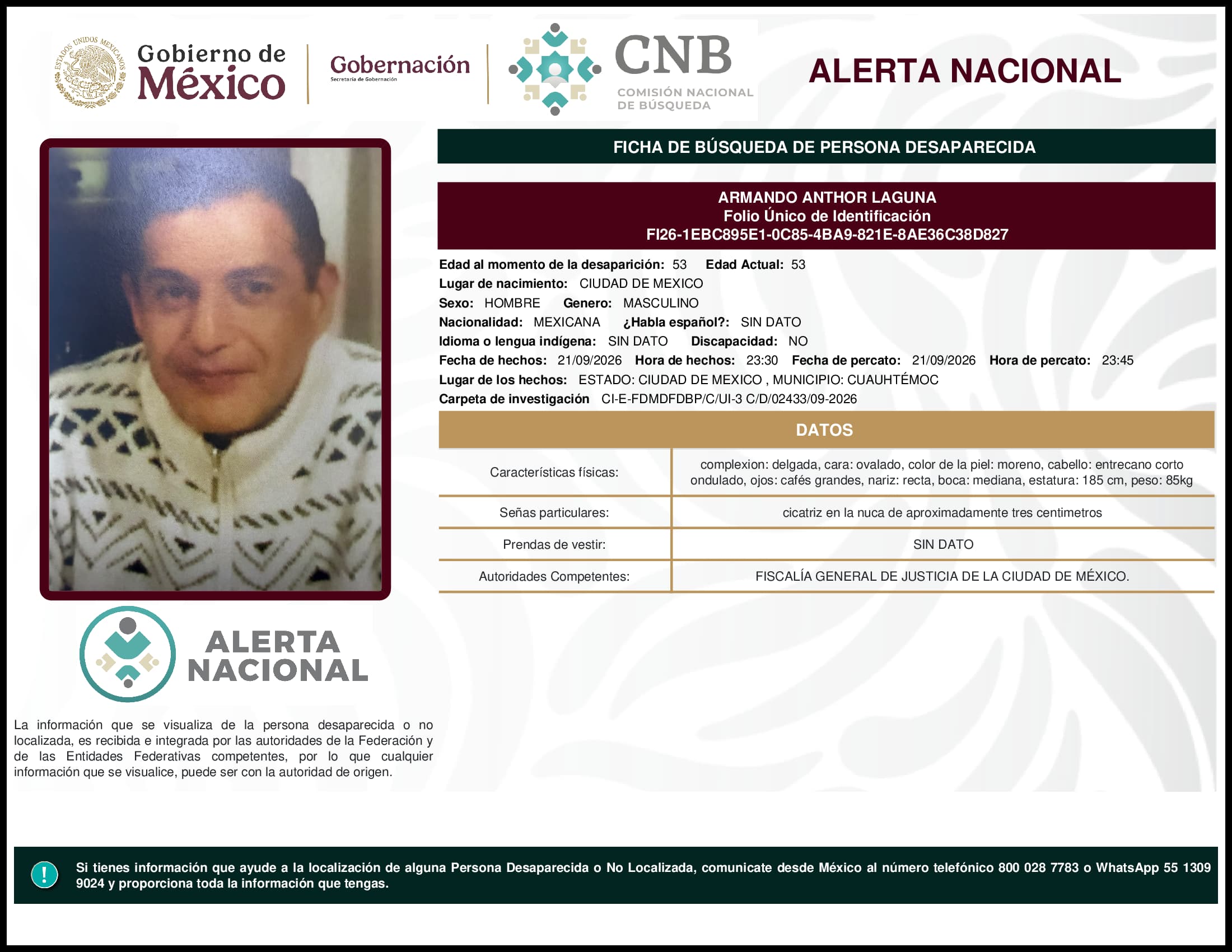 Persona desaparecida Armando Anthor Laguna