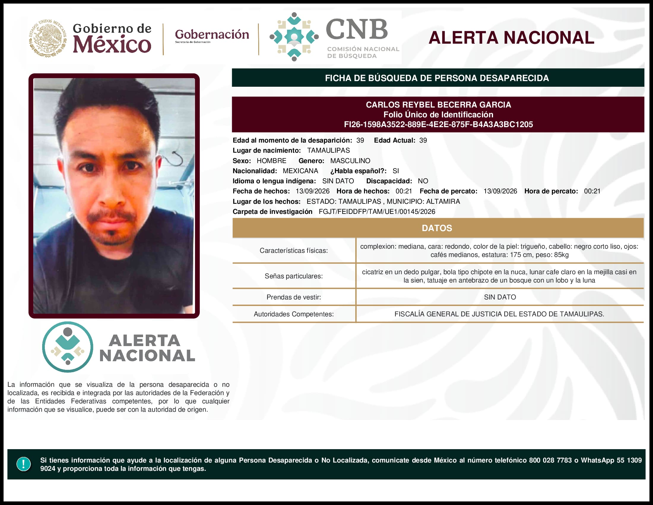 Persona desaparecida Carlos Reybel Becerra Garcia