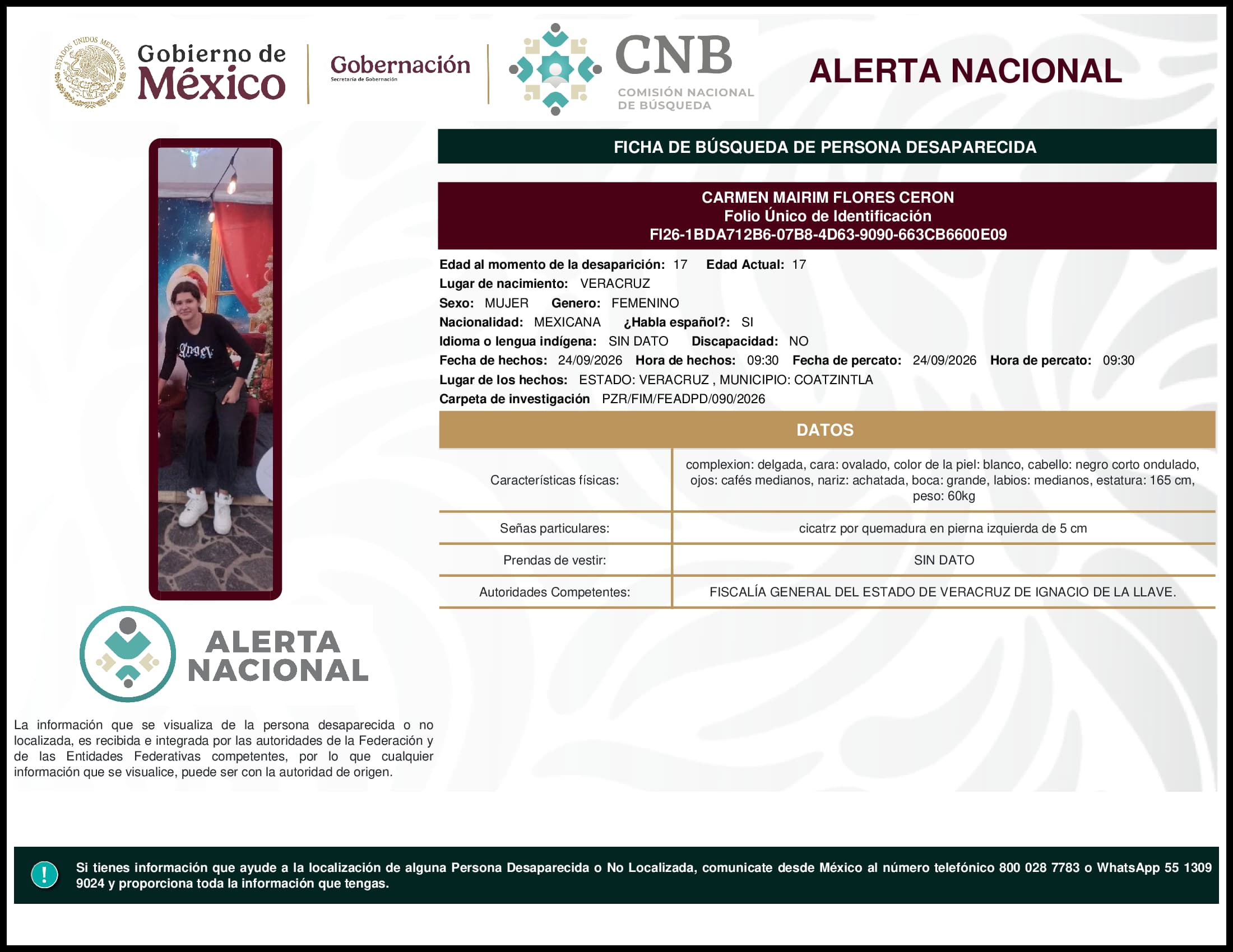 Persona desaparecida Carmen Mairim Flores Ceron