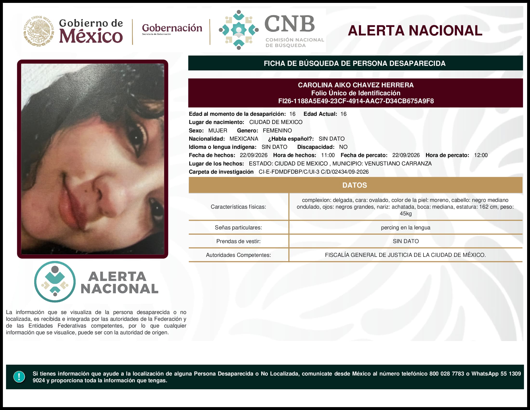 Persona desaparecida Carolina Aiko Chavez Herrera