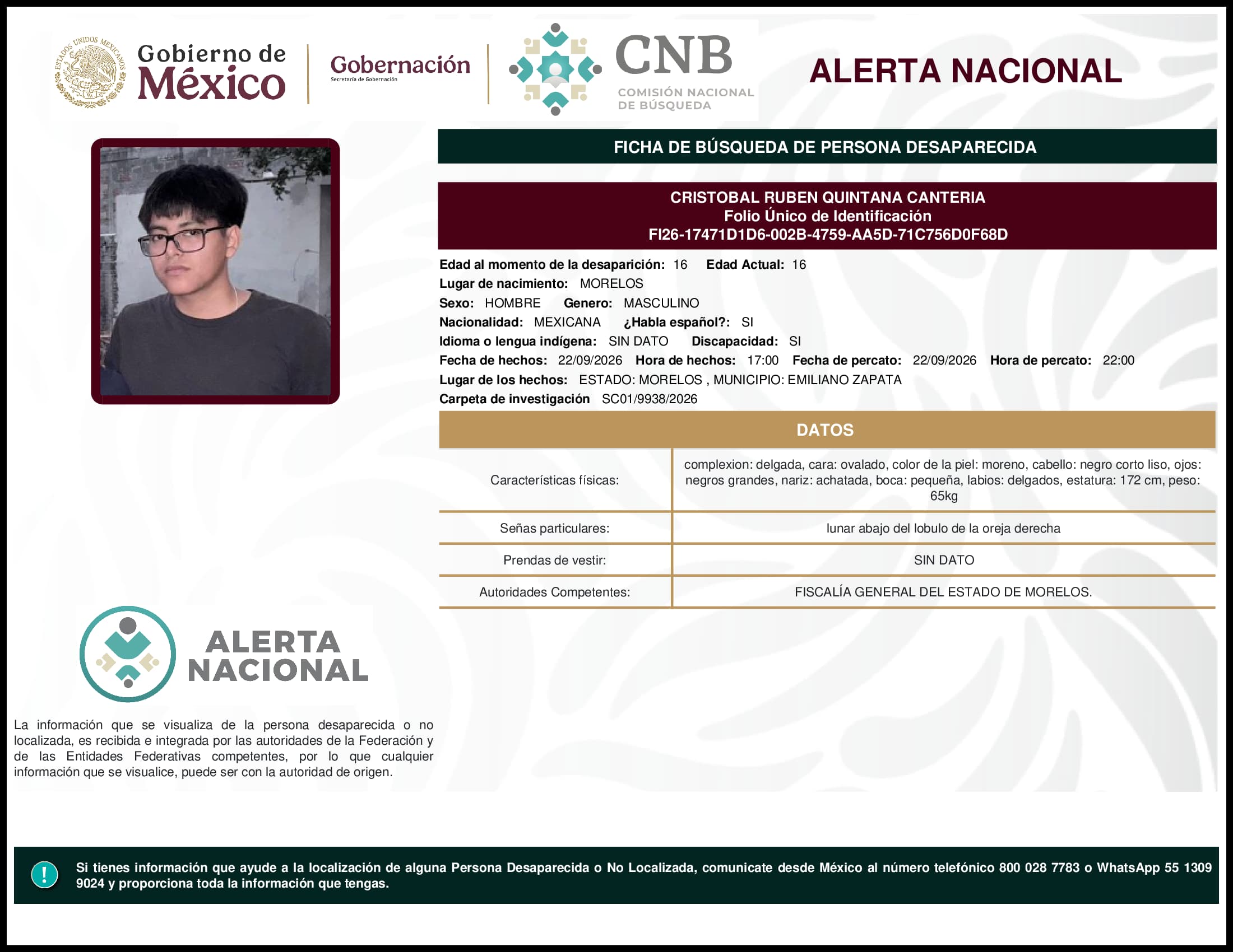 Persona desaparecida Cristobal Ruben Quintana Canteria