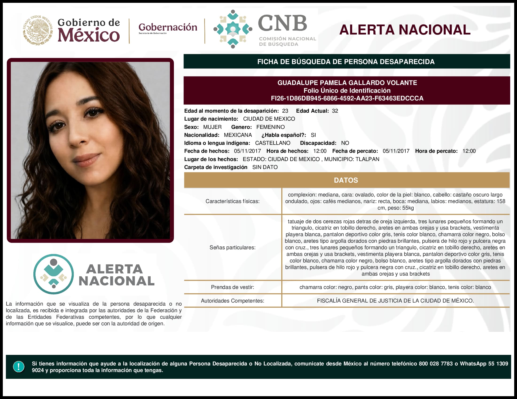 Persona desaparecida Guadalupe Pamela Gallardo Volante