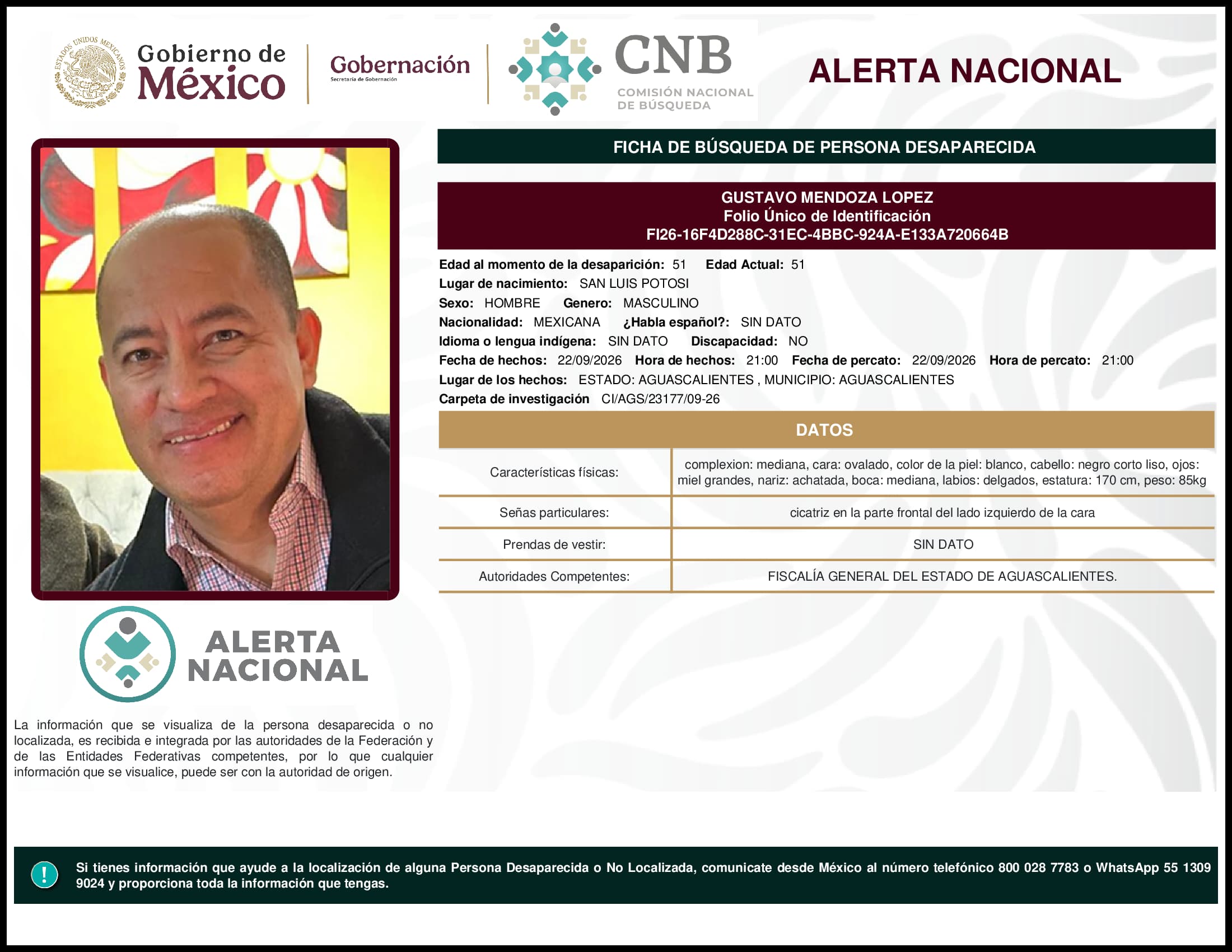 Persona desaparecida Gustavo Mendoza Lopez