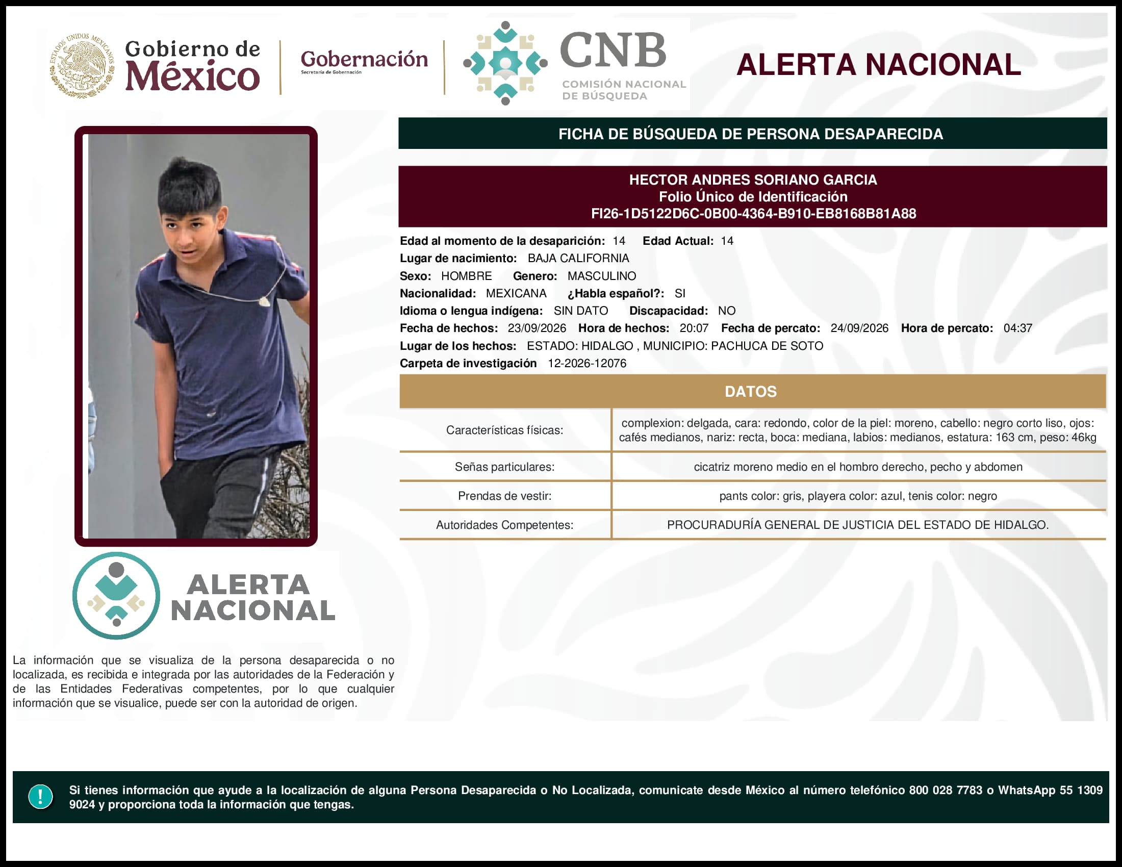 Persona desaparecida Hector Andres Soriano Garcia
