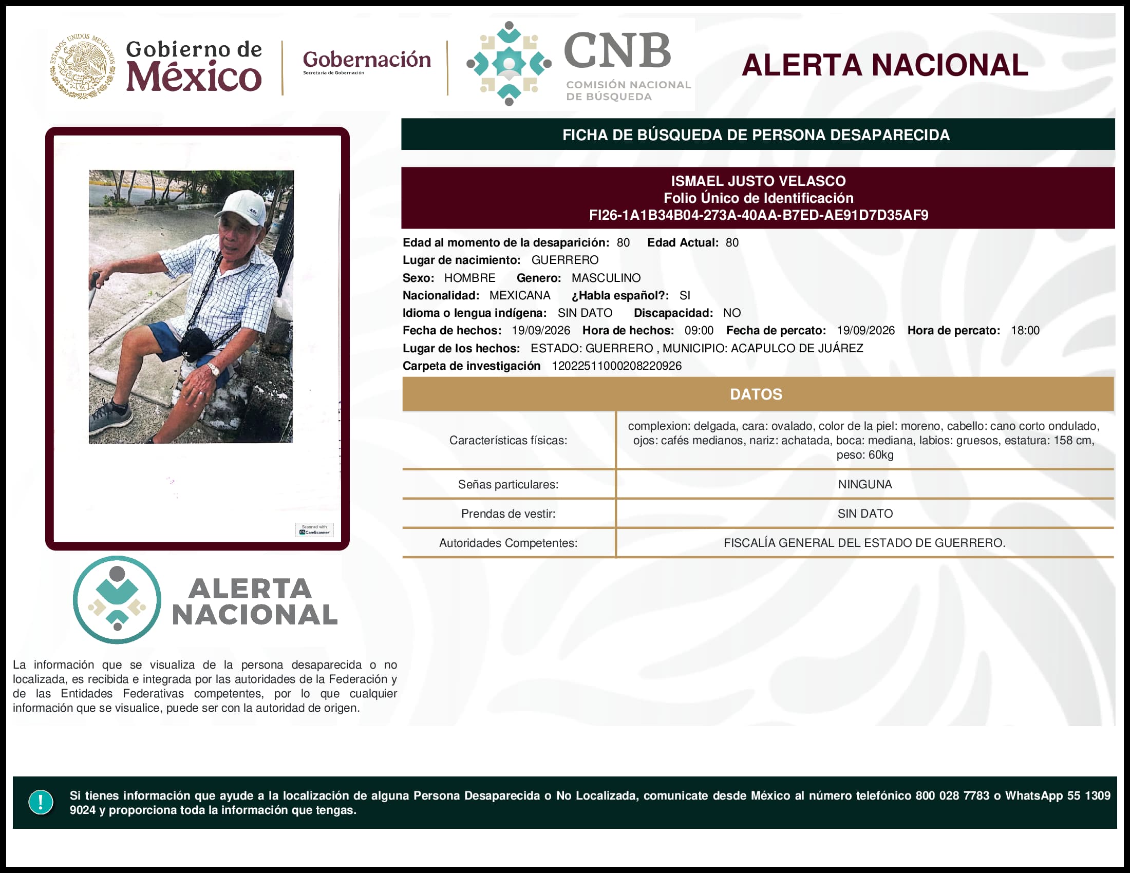 Persona desaparecida Ismael Justo Velasco