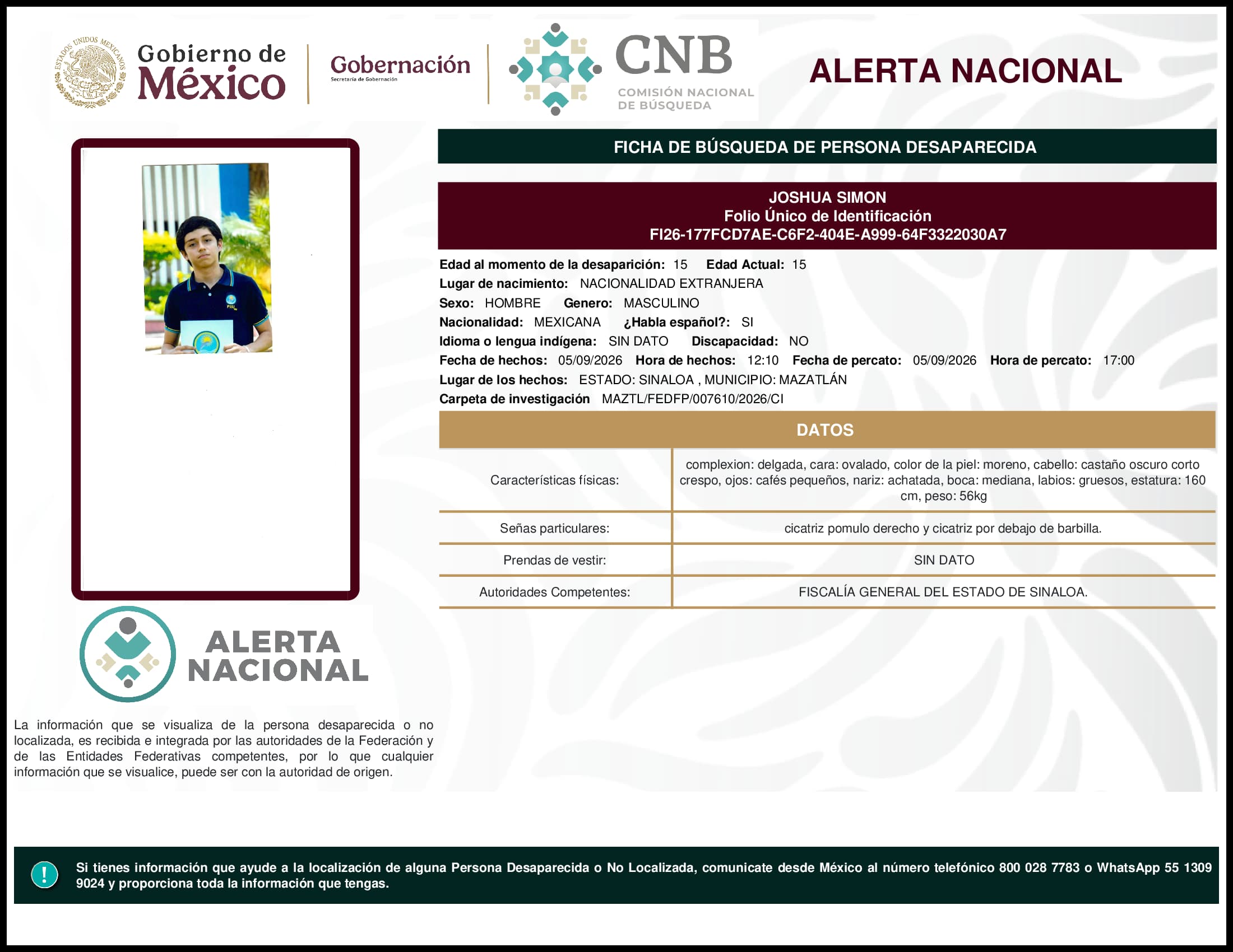 Persona desaparecida Joshua Simon
