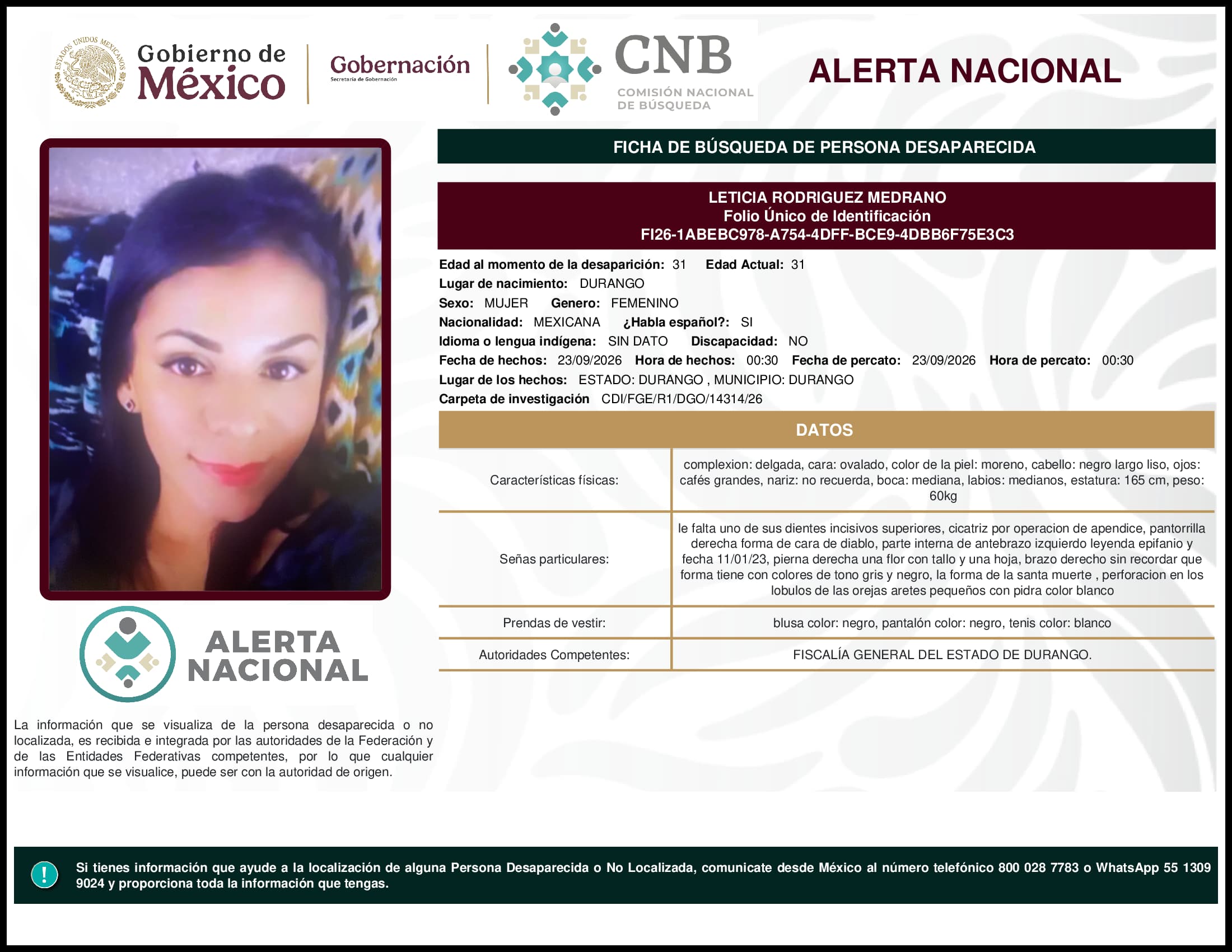Persona desaparecida Leticia Rodriguez Medrano
