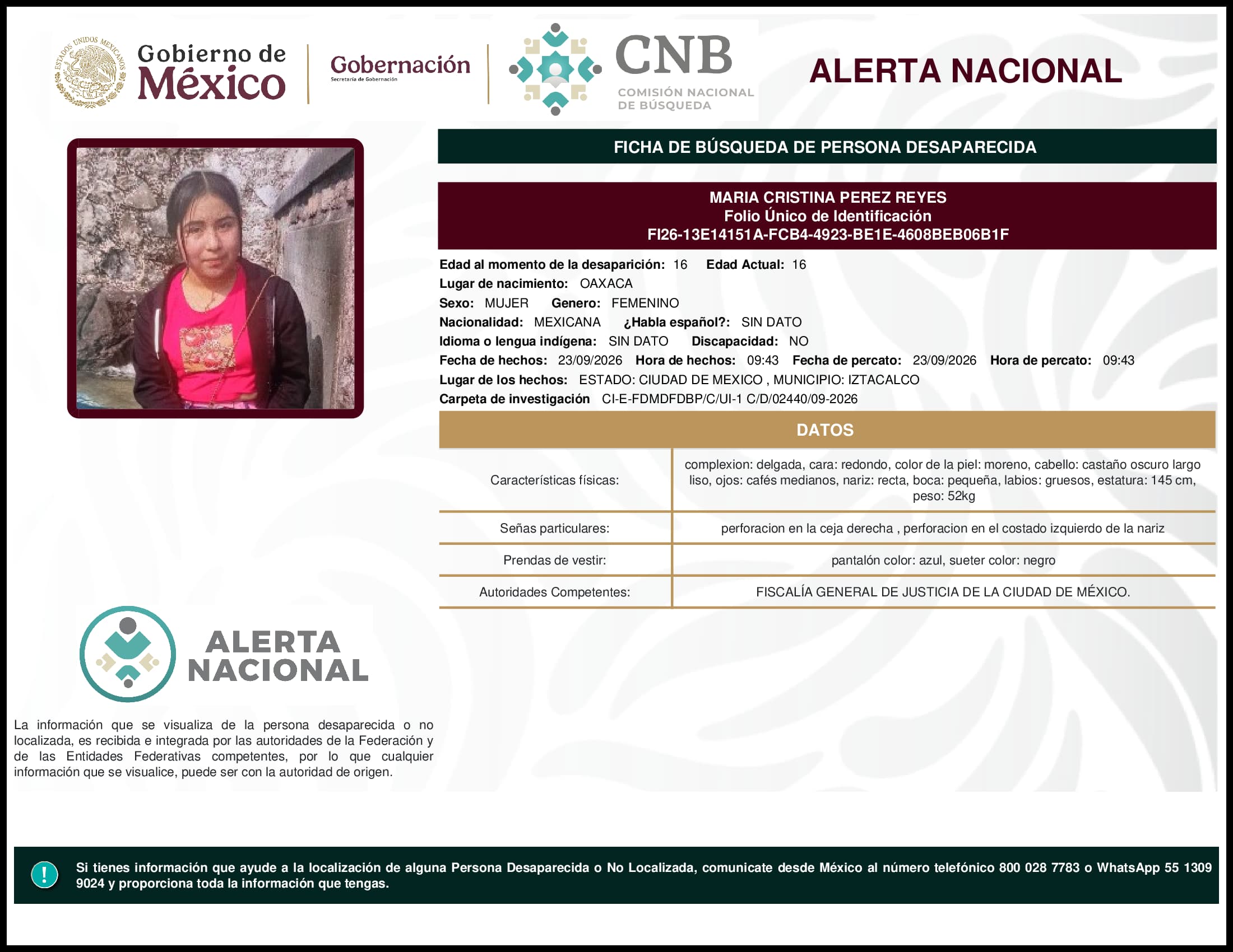 Persona desaparecida Maria Cristina Perez Reyes