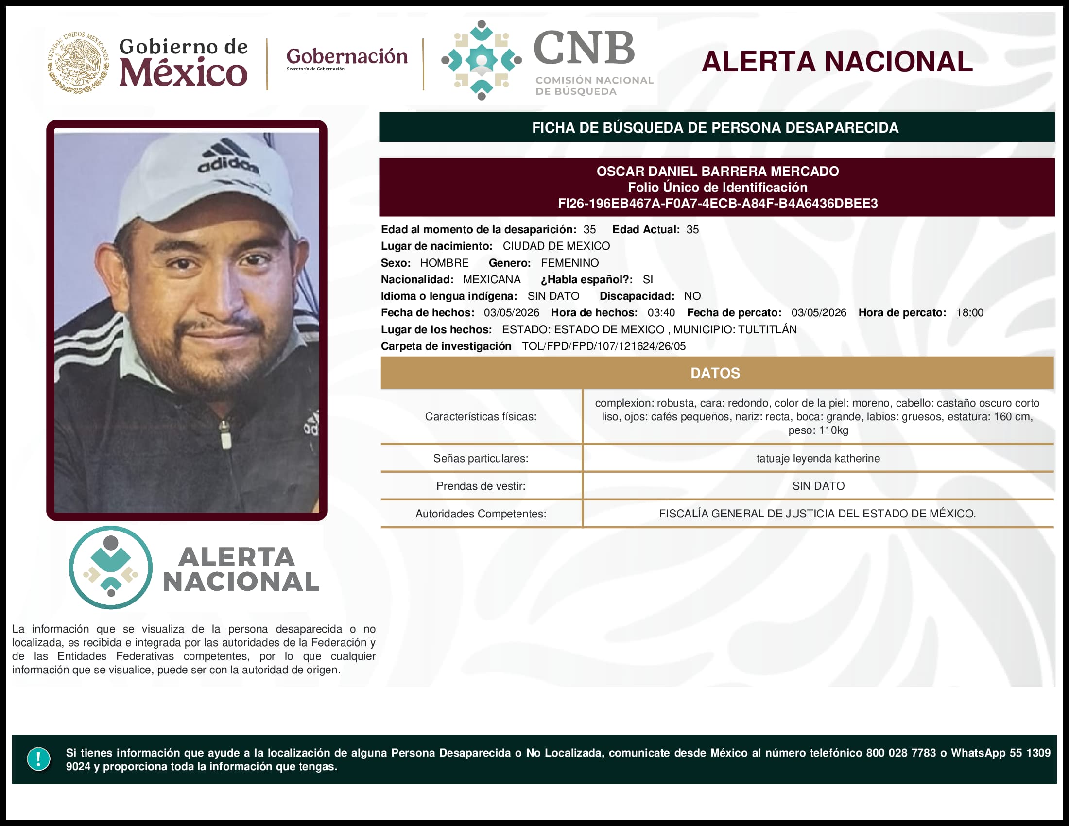 Persona desaparecida Oscar Daniel Barrera Mercado