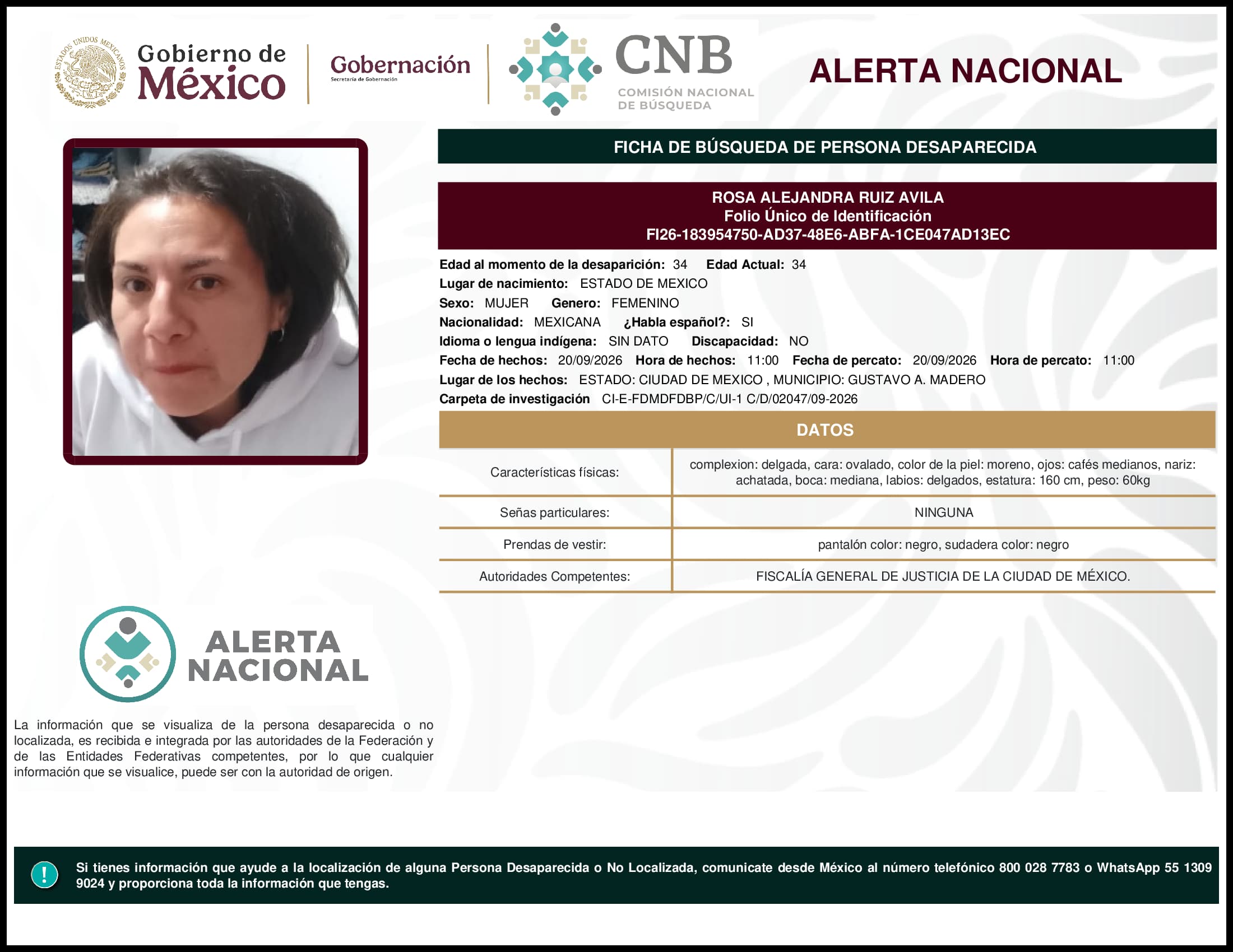 Persona desaparecida Rosa Alejandra Ruiz Avila