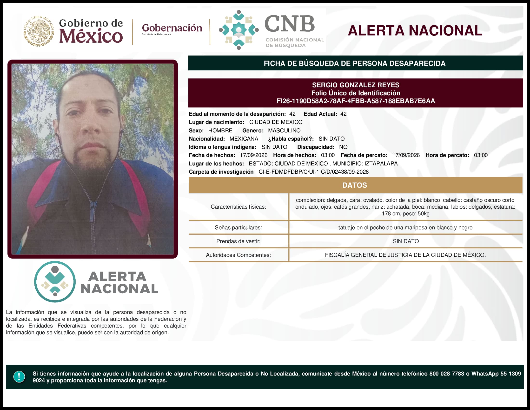 Persona desaparecida Sergio Gonzalez Reyes