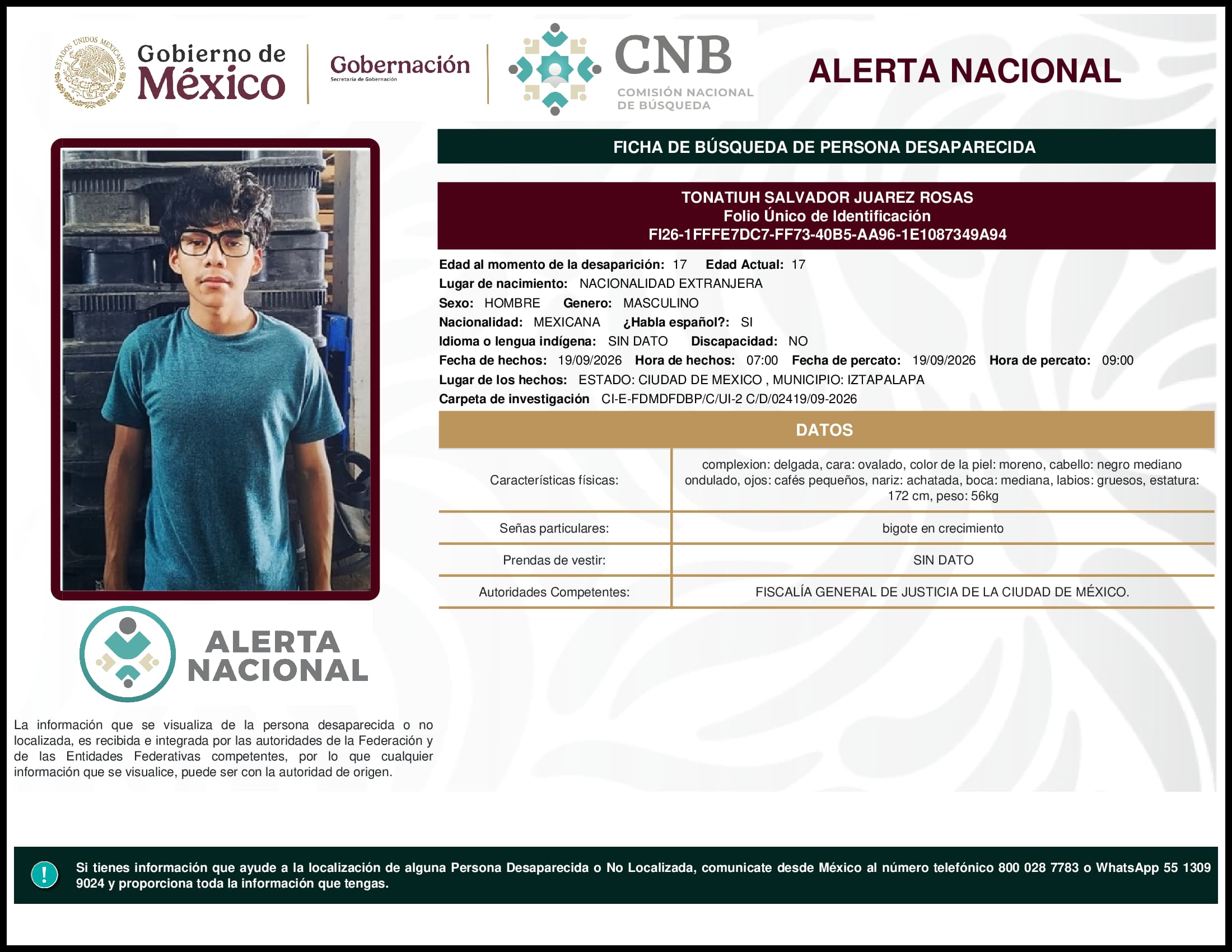 Persona desaparecida Tonatiuh Salvador Juarez Rosas