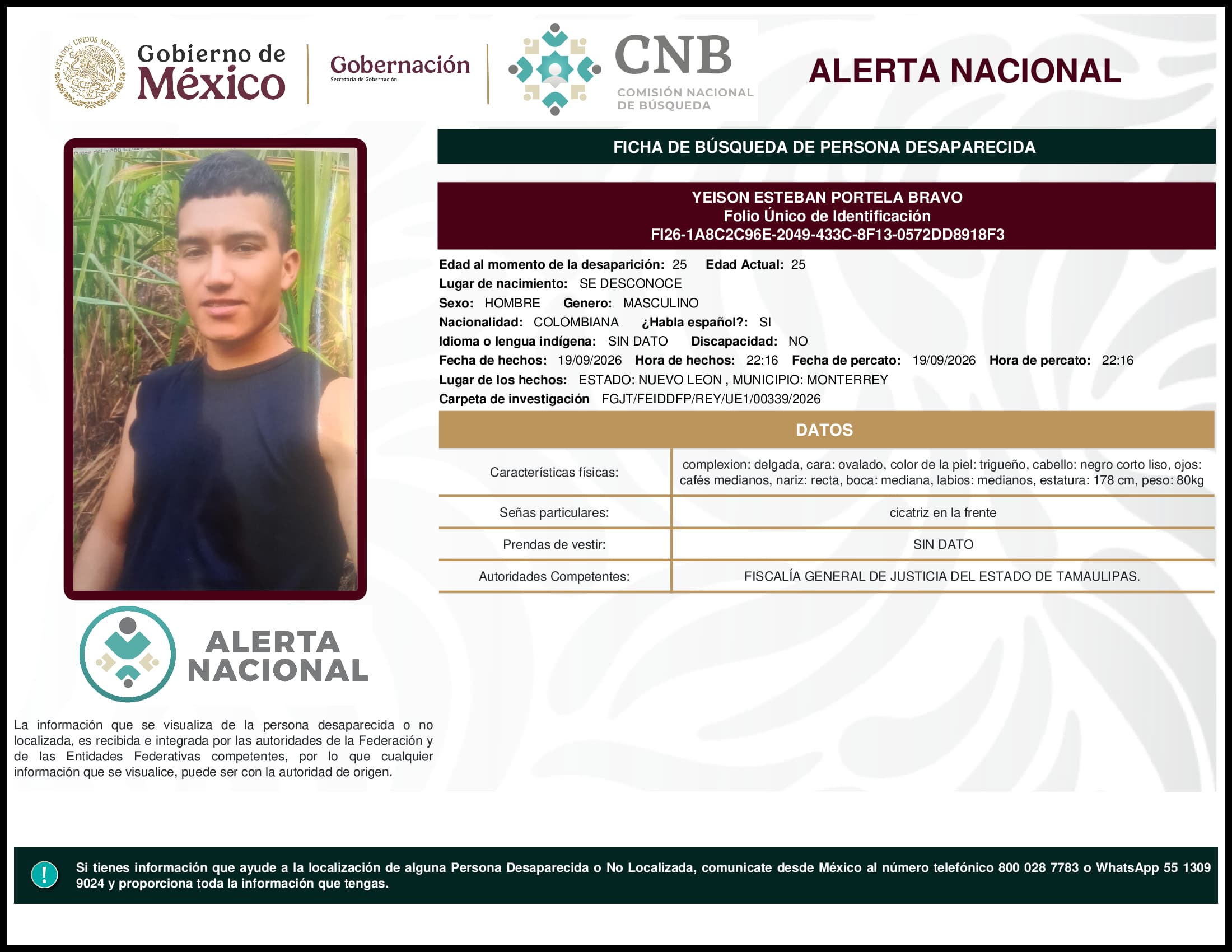 Persona desaparecida Yeison Esteban Portela Bravo