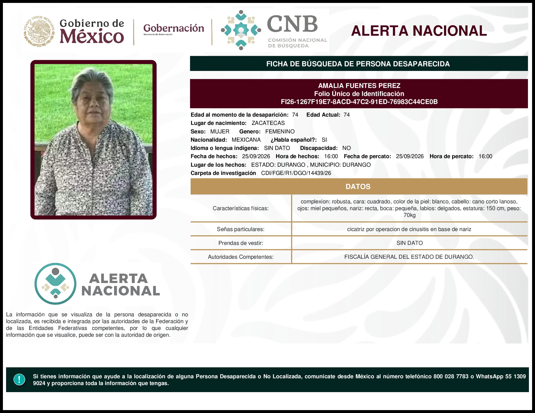 Persona desaparecida Amalia Fuentes Perez